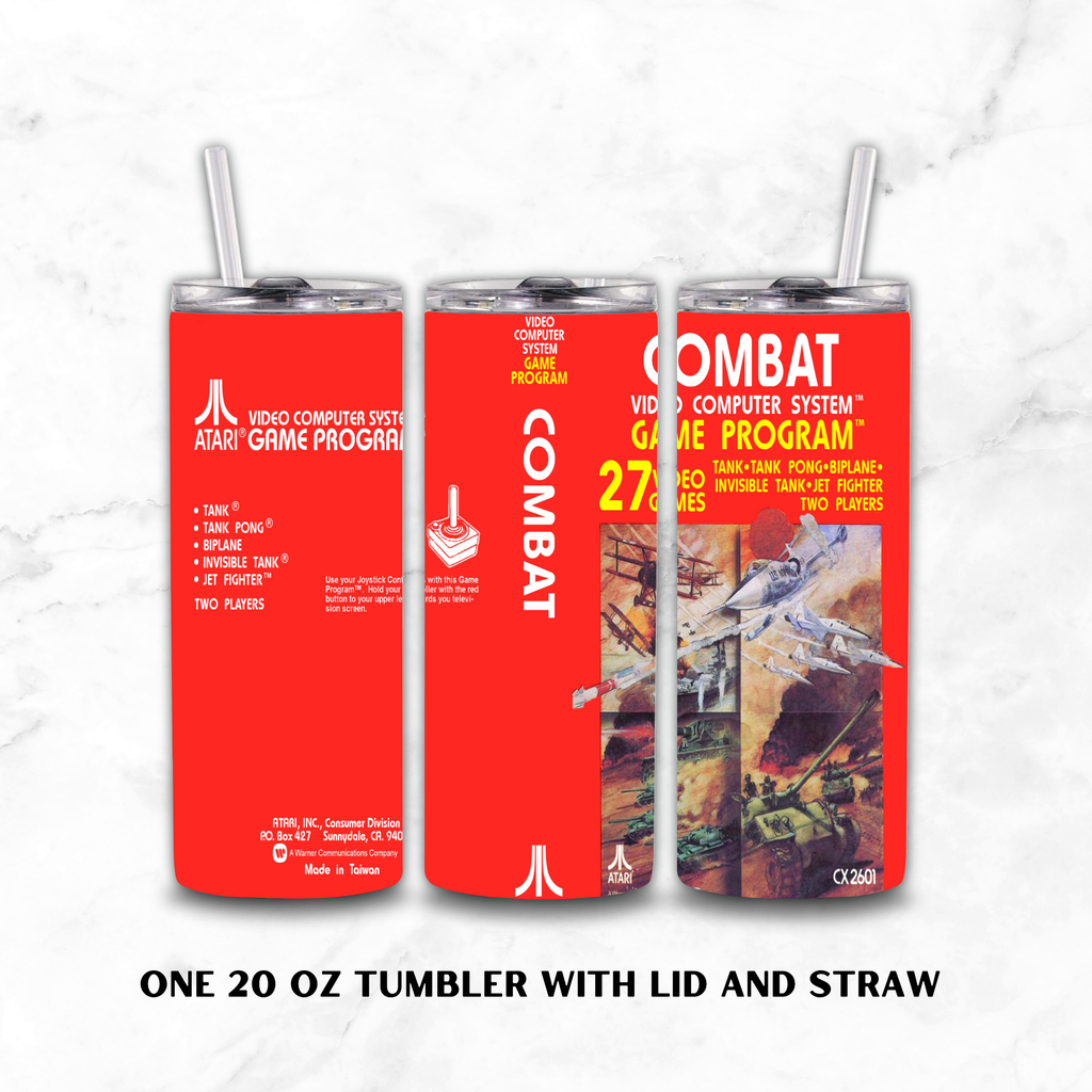 Three views of a 20 oz tumbler with lid and straw, featuring retro Atari Game 'Combat' artwork in red, white, and yellow, shown on a light marble background with text below.
