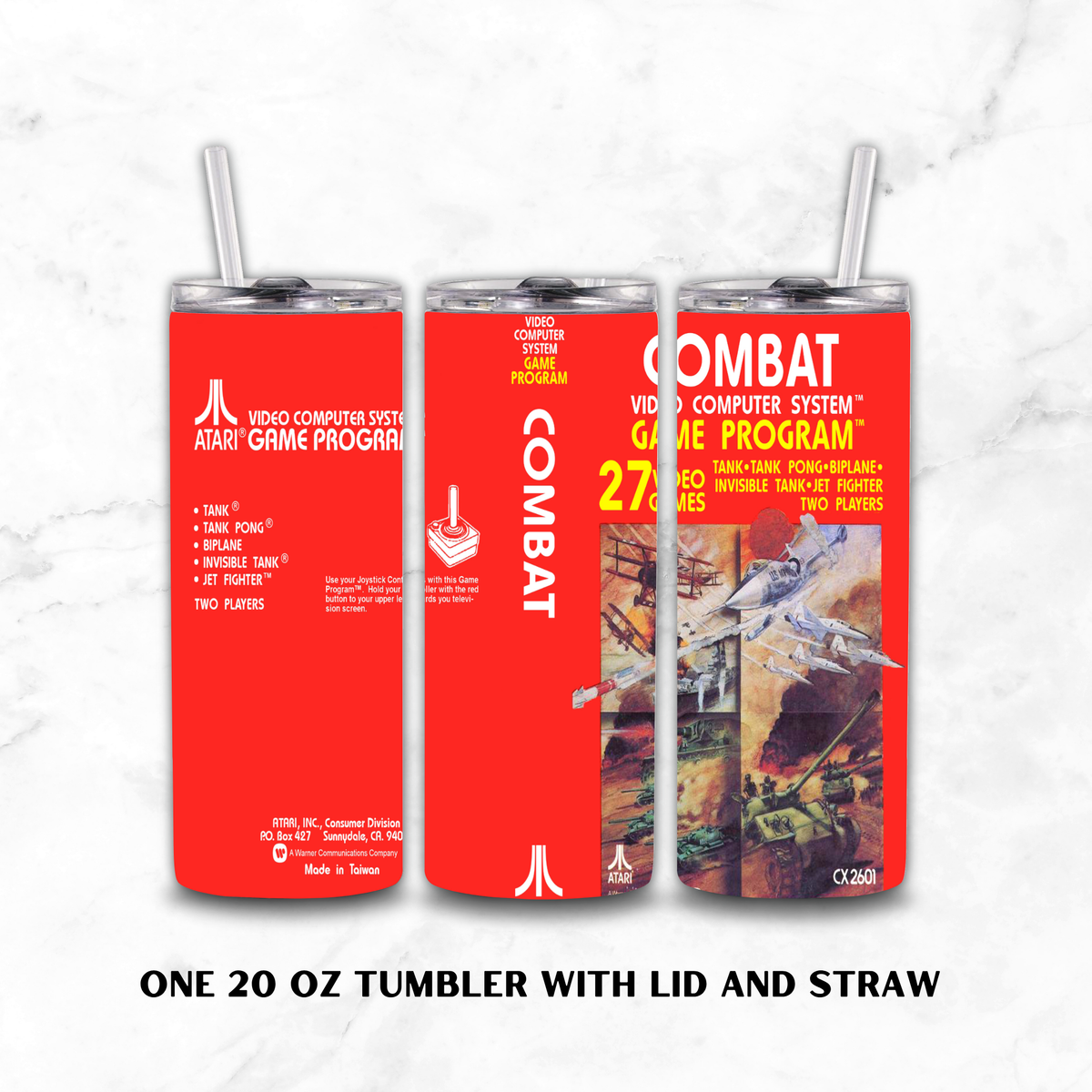 Three views of a 20 oz tumbler with lid and straw, featuring retro Atari Game 'Combat' artwork in red, white, and yellow, shown on a light marble background with text below.