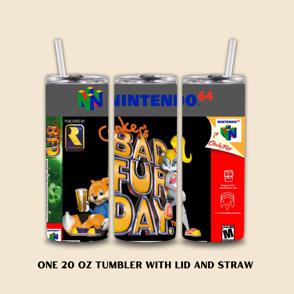 Three tumbler with lids and straws featuring Nintendo 64 and Conker Bad Fur Day branding on a beige background.