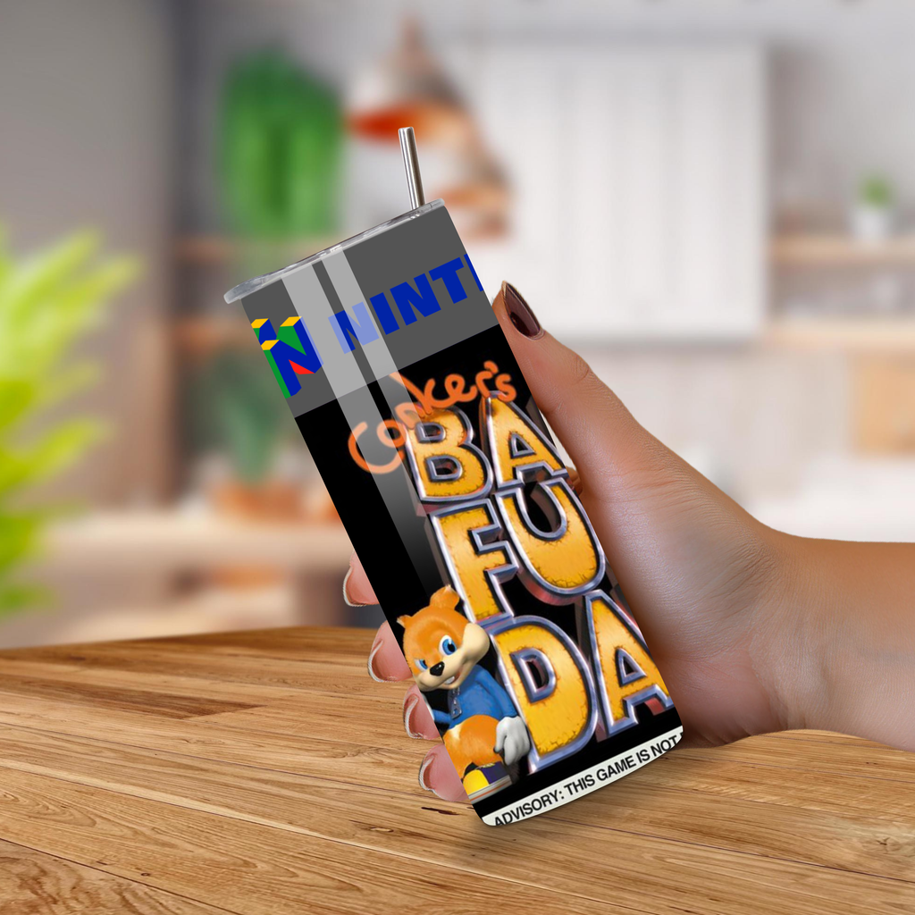 Person holding a themed 20oz tumbler with a conker bad fur day design on a wooden surface