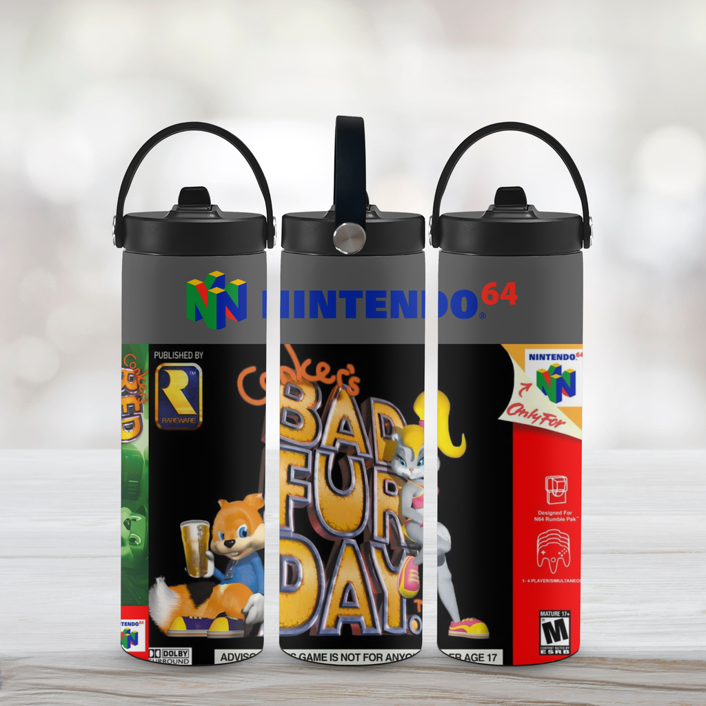 Three sports water bottles with conker bad fur day themed designs on a wooden surface.