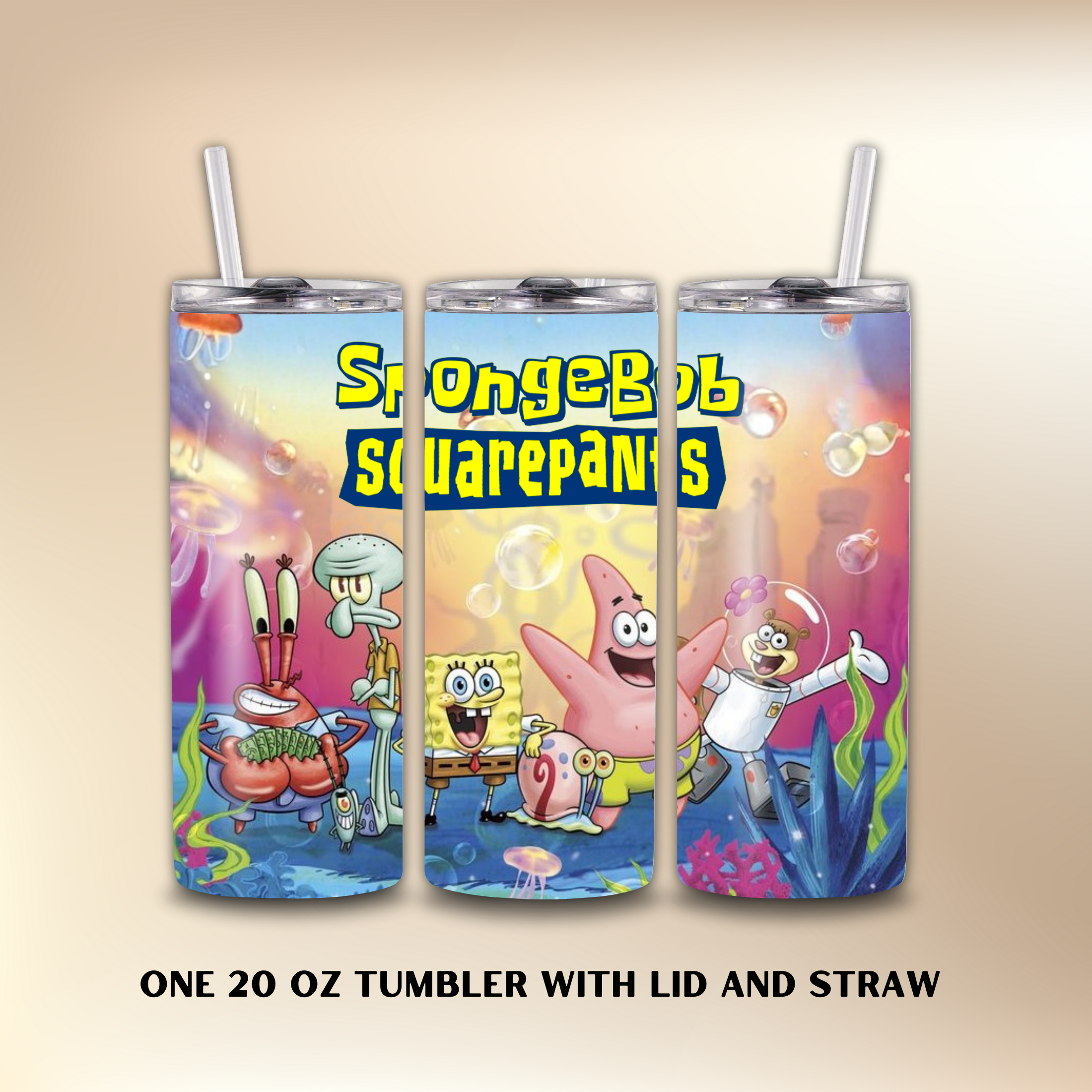Three SpongeBob SquarePants tumblers with lids and straws on a beige background.