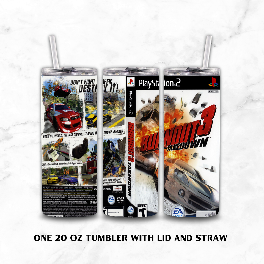 Three views of a 20 oz insulated tumbler with lid and straw, printed with racing game artwork. The designs reference PlayStation 2 and Burnout 3 Takedown game cover, on a white marble background with text reading 'ONE 20 OZ TUMBLER WITH LID AND STRAW'.