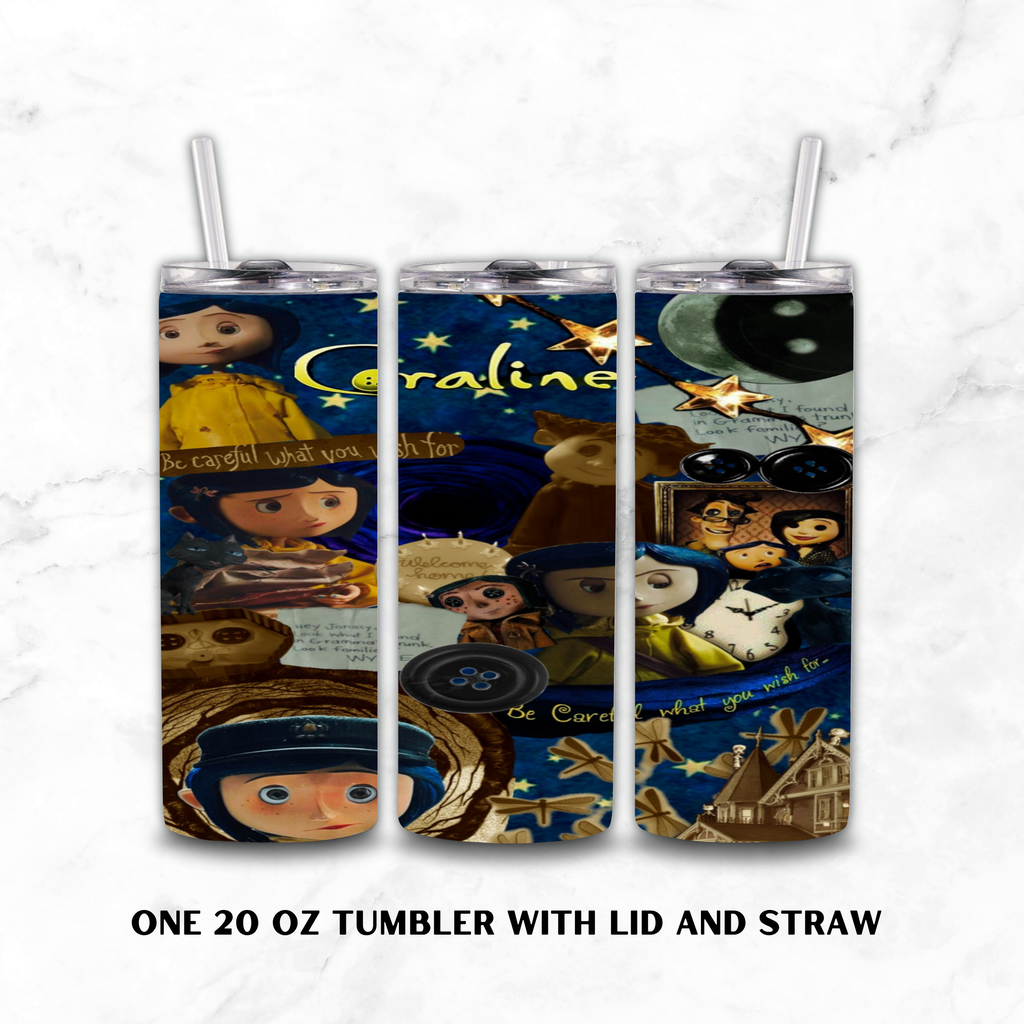 Three views of a 20 oz tumbler with lid and straw, featuring a dark blue cartoon collage print with characters from Coraline and text, shown on a white marble background with the text 'ONE 20 OZ TUMBLER WITH LID AND STRAW' below.