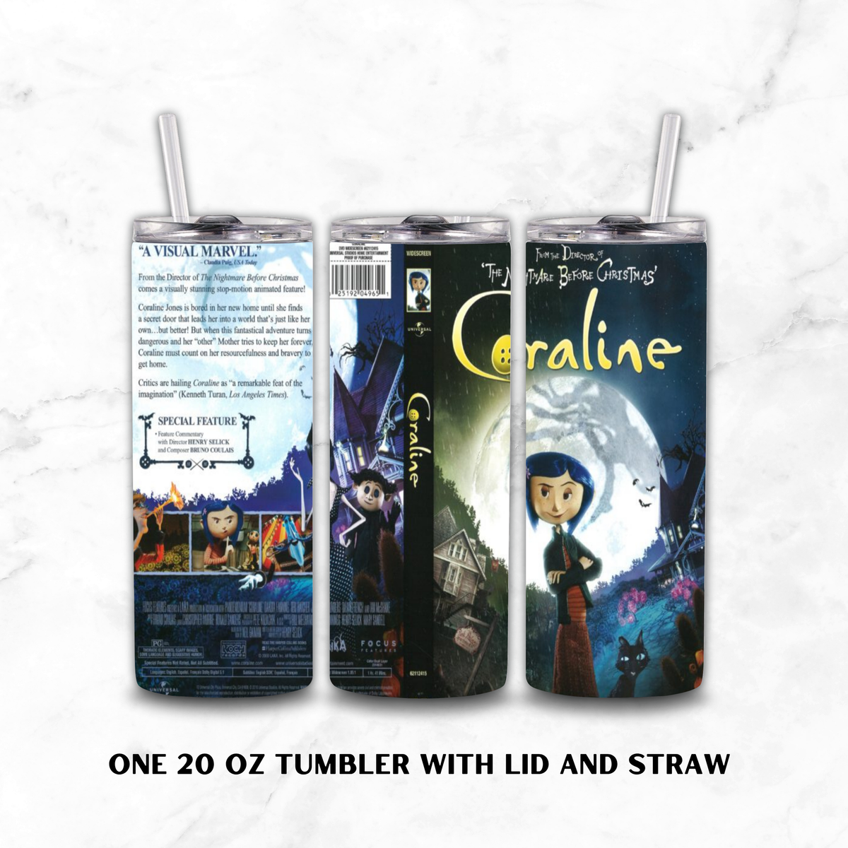Three views of a 20oz tumbler with a lid and straw with a Coraline "The Nightmare before Christmas" graphics movie design on a white marble background. 