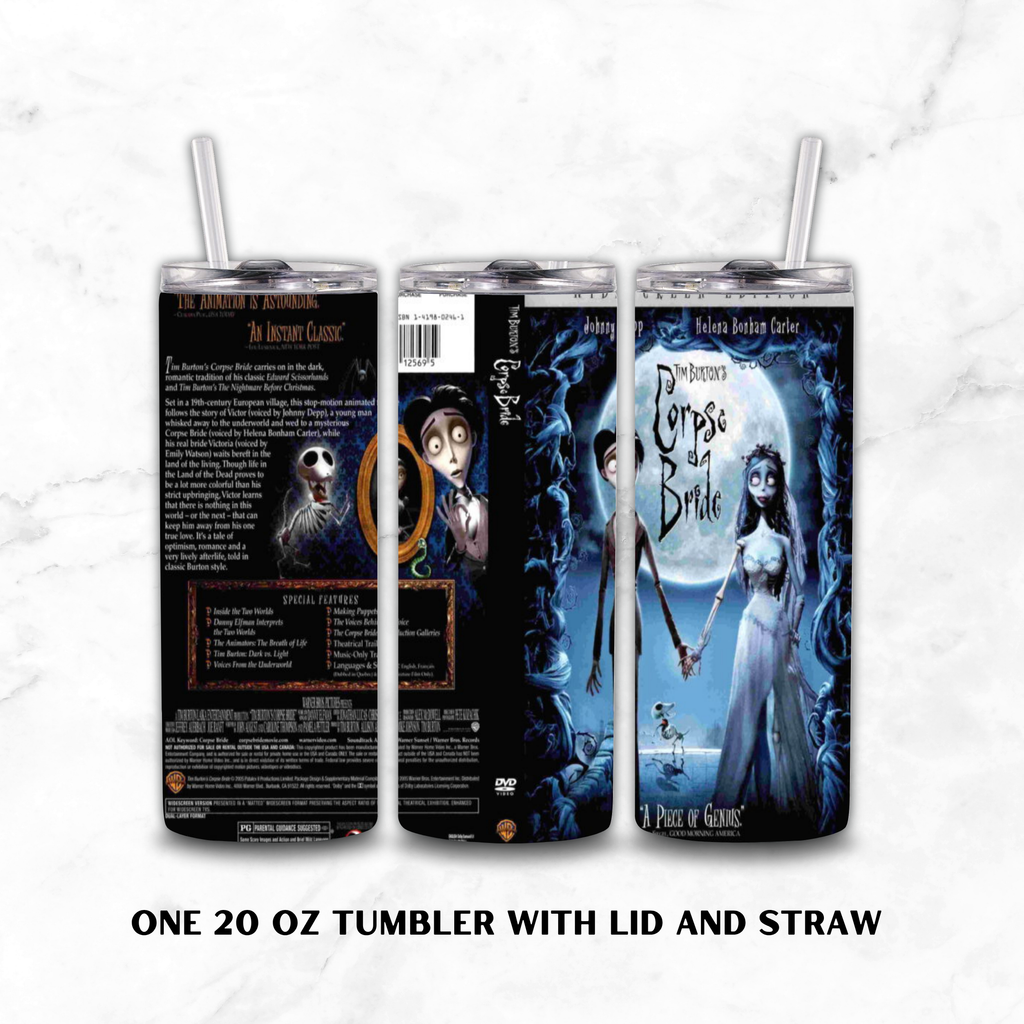 Three views of a 20 oz tumbler with lid and straw, featuring Tim Burton's Corpse Bride artwork on a black background, shown on a white marble surface with text reading 'ONE 20 OZ TUMBLER WITH LID AND STRAW'.