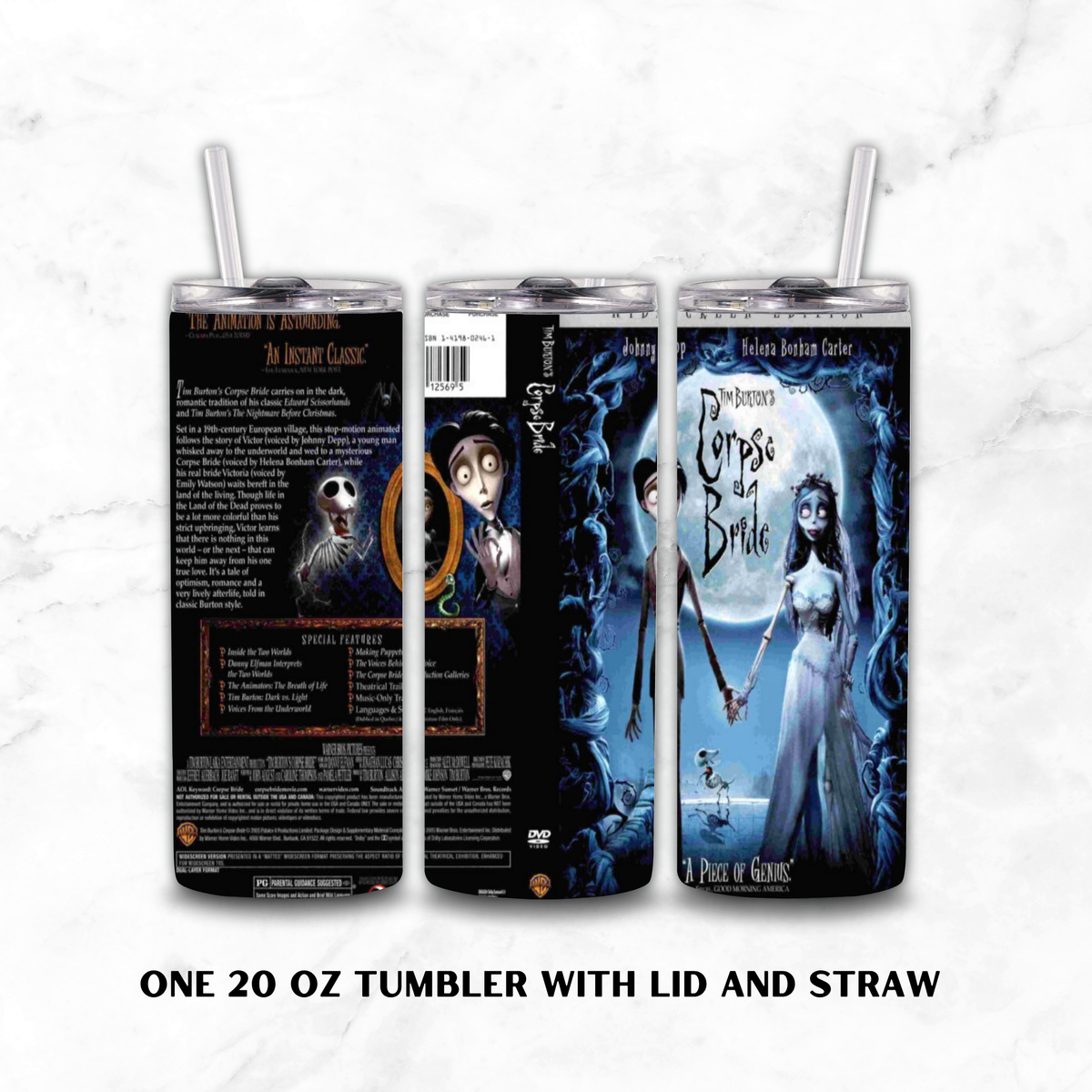 Three views of a 20 oz tumbler with lid and straw, featuring Tim Burton's Corpse Bride artwork on a black background, shown on a white marble surface with text reading 'ONE 20 OZ TUMBLER WITH LID AND STRAW'.