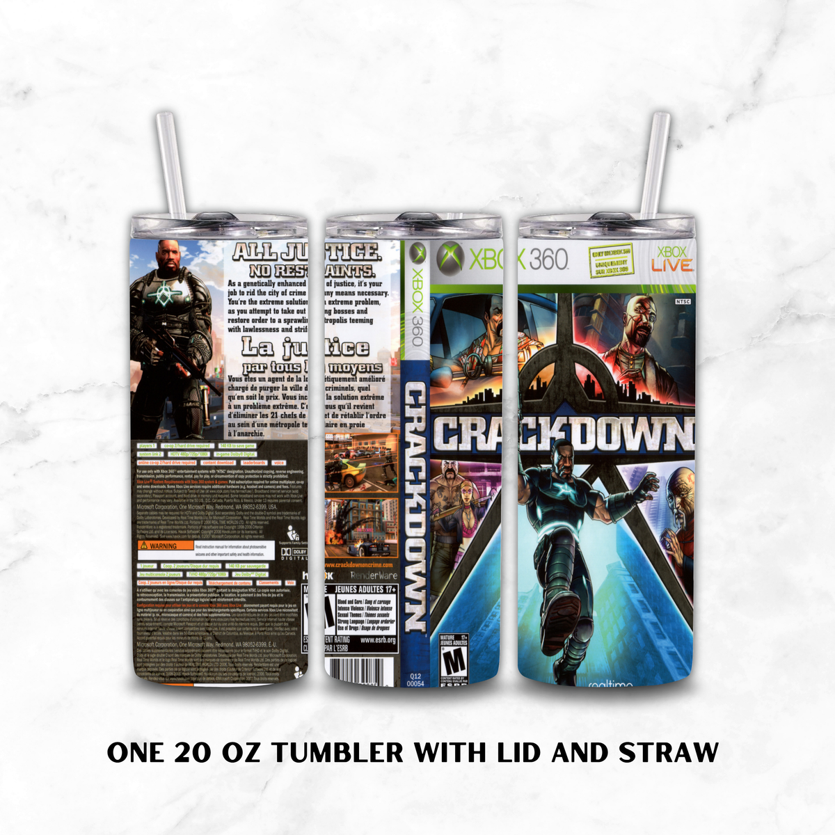 Three views of a 20 oz skinny tumbler with lid and straw, wrapped in a detailed Xbox 360 / Crackdown video game themed skin. The tumbler is shown from the back, side, and front, featuring artwork of the game's characters and logos.