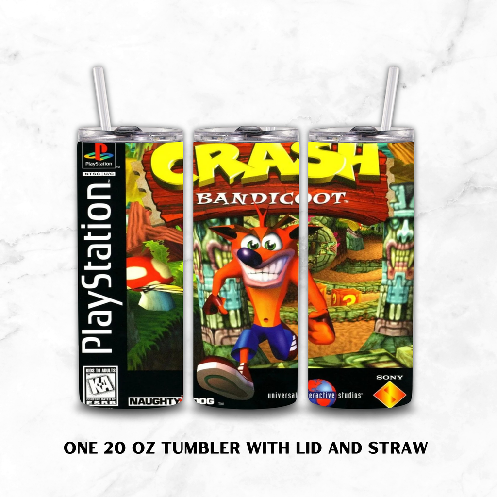 Three views of a 20 oz stainless steel tumbler with lid and straw, printed with Crash Bandicoot video game artwork. Visible brands include PlayStation, Naughty Dog, Sony, and Universal Studios.