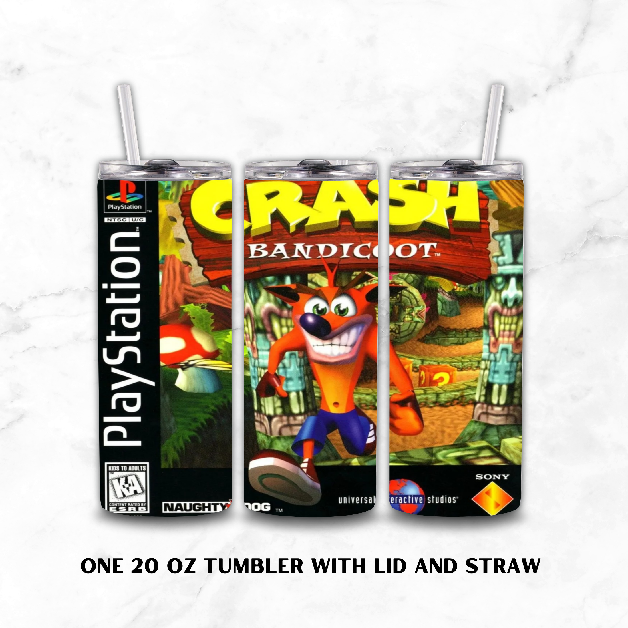Three views of a 20 oz stainless steel tumbler with lid and straw, printed with Crash Bandicoot video game artwork. Visible brands include PlayStation, Naughty Dog, Sony, and Universal Studios.