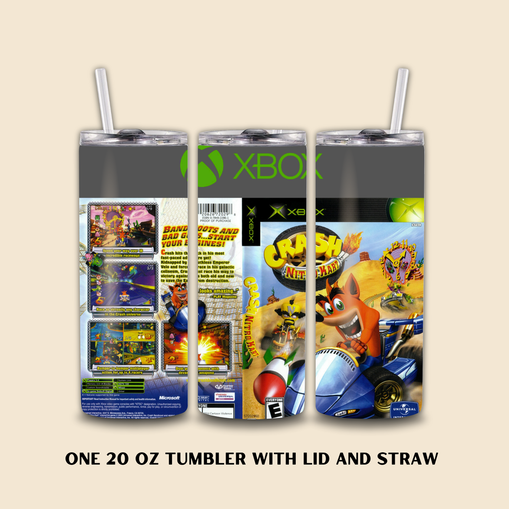 Tumbler with Xbox and Crash Nitro Kart designs on a beige background