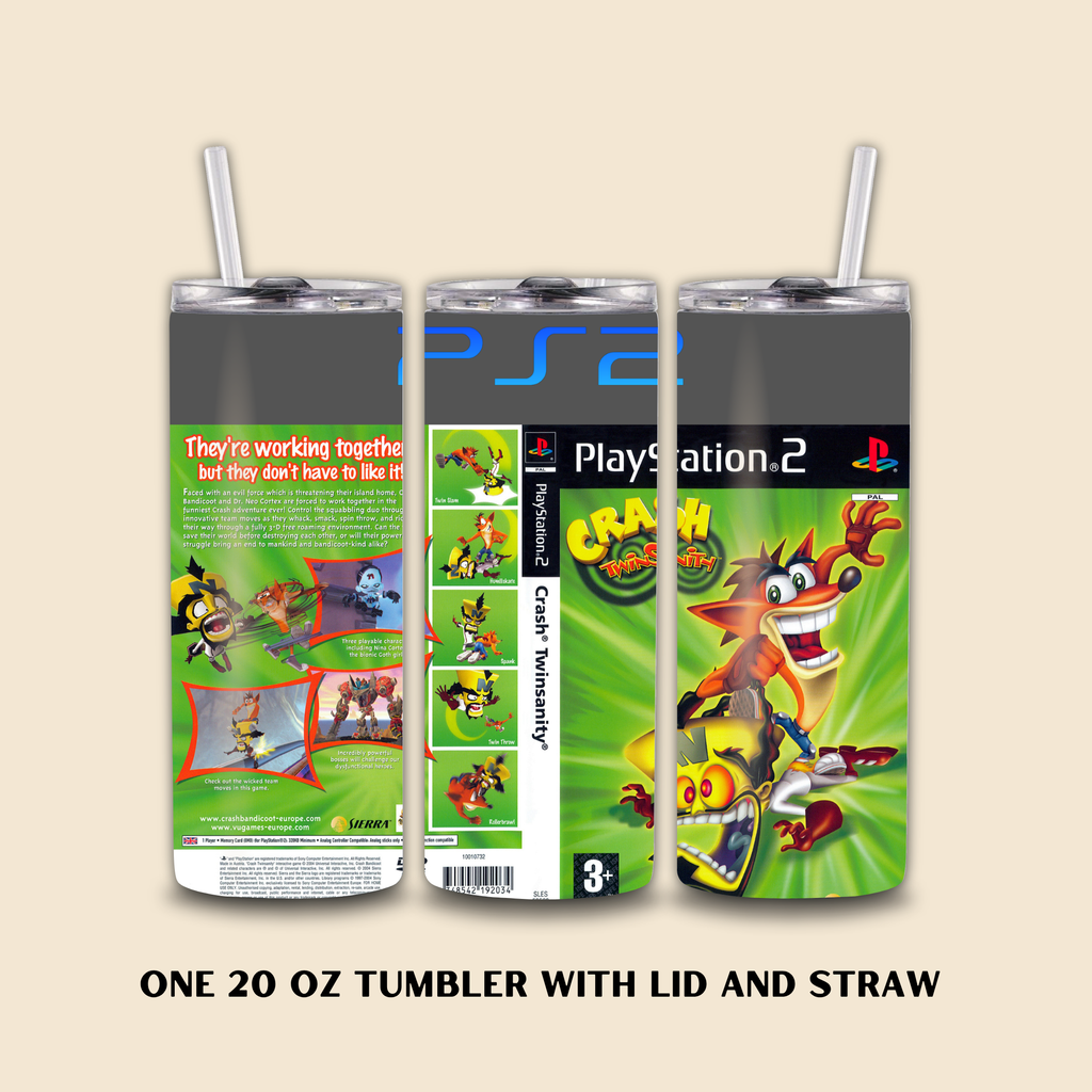 PlayStation 2 tumbler with lid and straw featuring Crash Twin Sanity design on a beige background.
