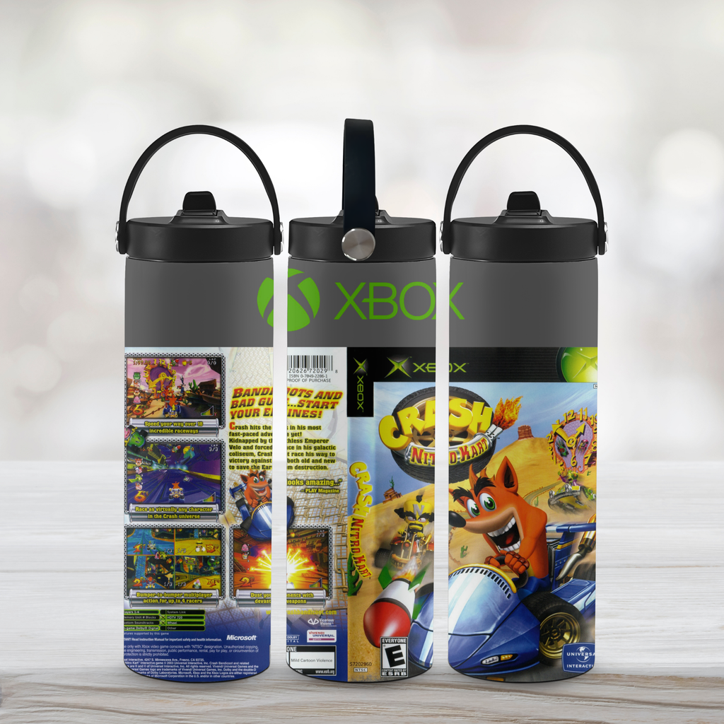 Three water bottles with Xbox-themed Crash Nitro Kart designs on a light wooden surface.