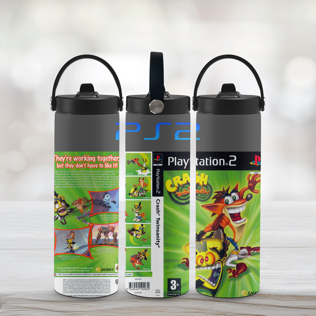 Three PlayStation 2 themed water bottles with game graphics Crash Twin Sanity on a wooden surface.
