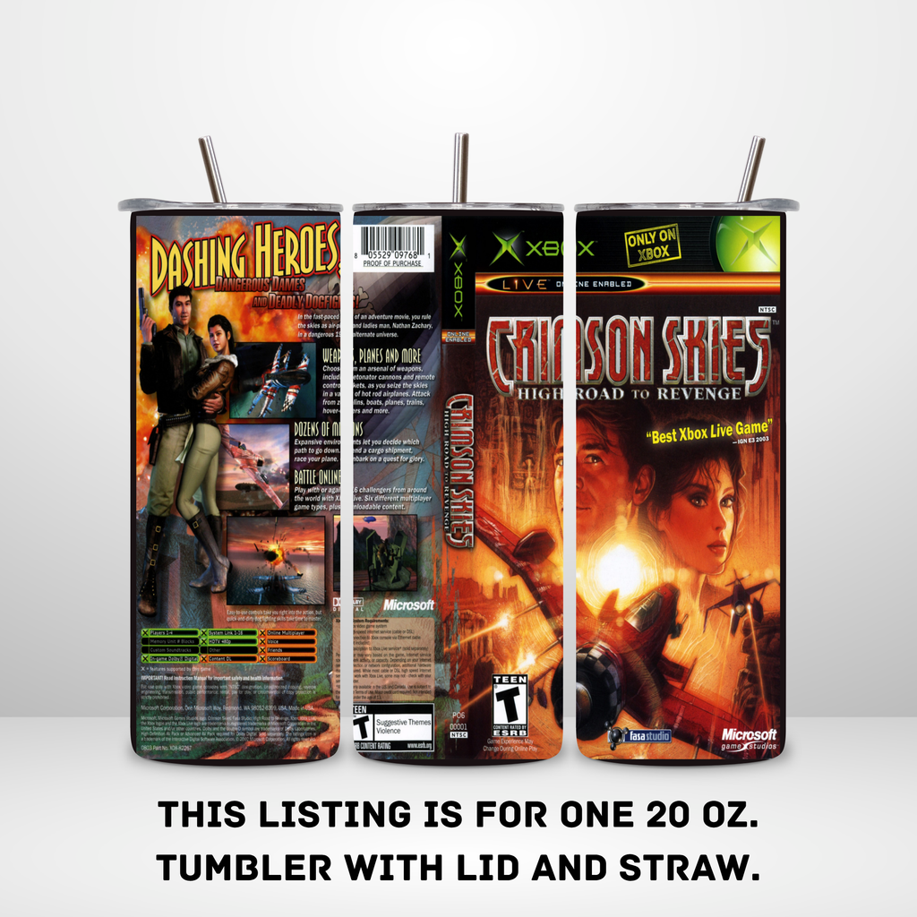 Three views of a 20 oz tumbler with lid and straw, printed with Xbox Crimson Skies: Highroad to Revenge artwork, shown on a light gray background with text stating the listing is for one tumbler.