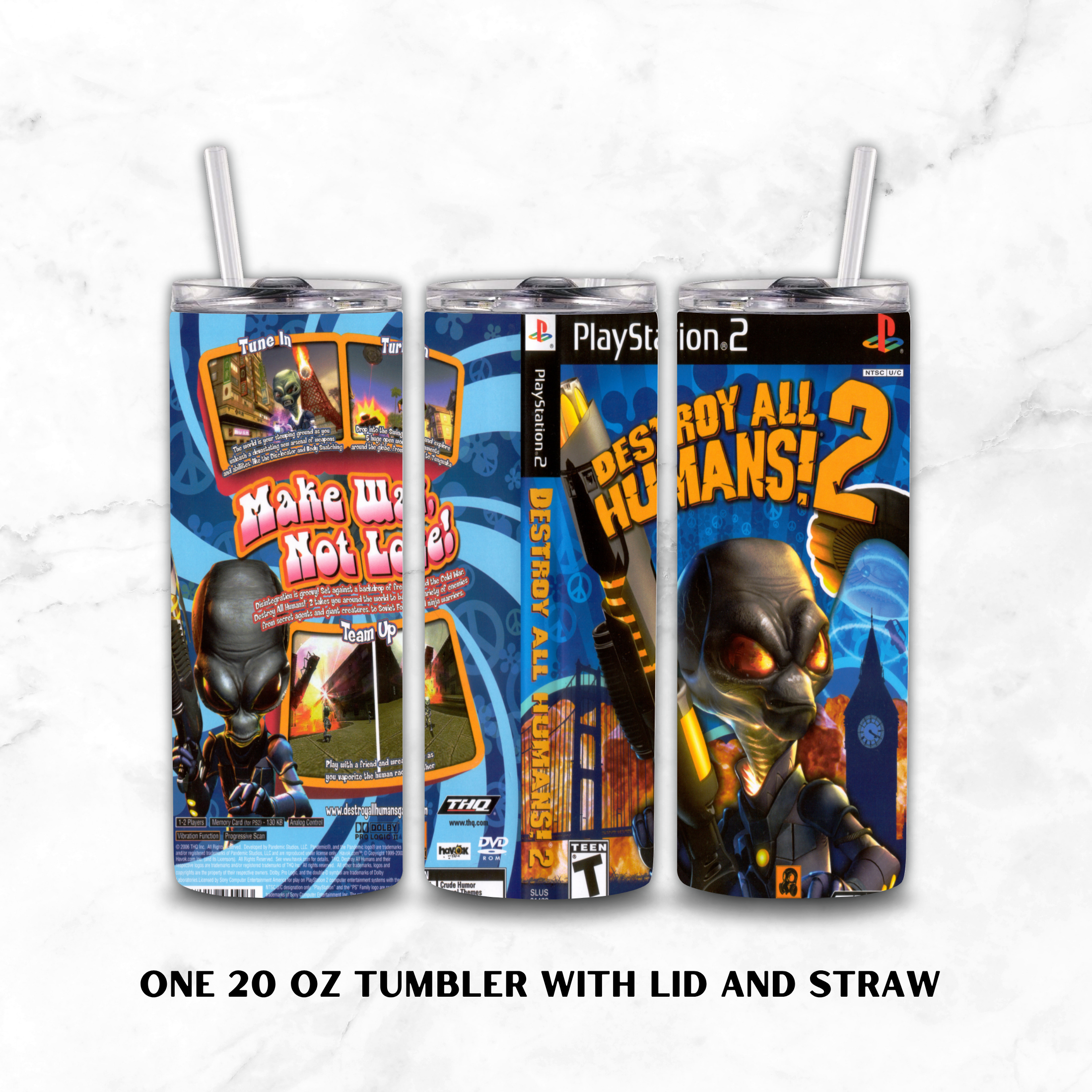 Three views of a 20 oz stainless steel tumbler with lid and straw, wrapped in a PlayStation 2-themed Destroy All Humans 2 graphic design, displayed on a white marble background.