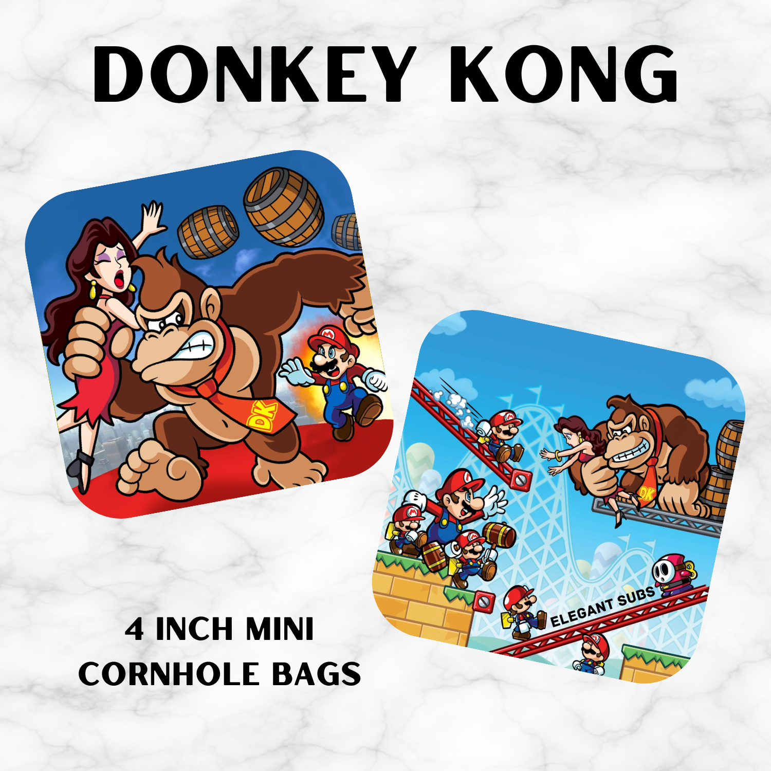 Two Donkey Kong cornhole bags on a white background with text indicating size and theme.