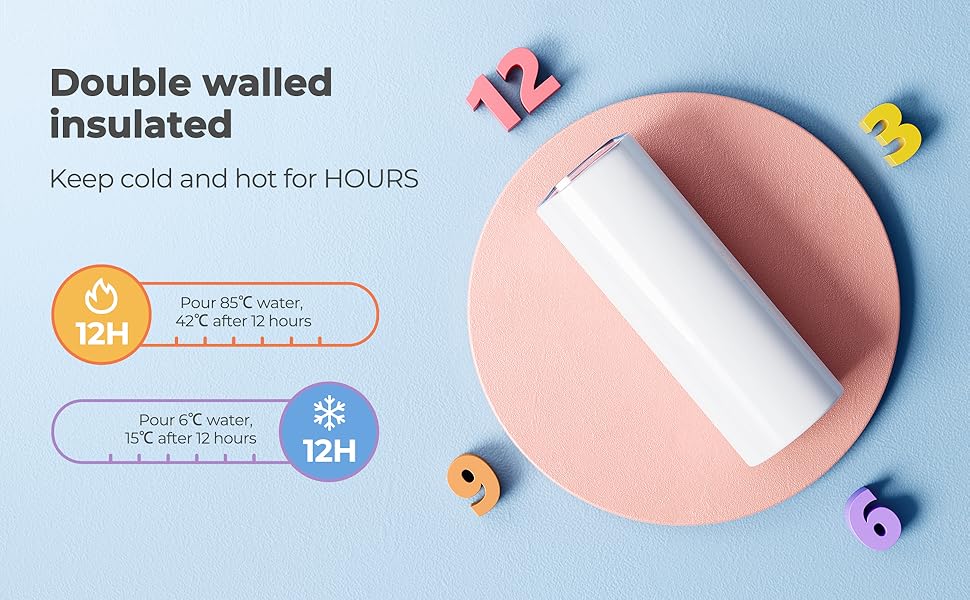 White insulated container with temperature demonstration on a blue background