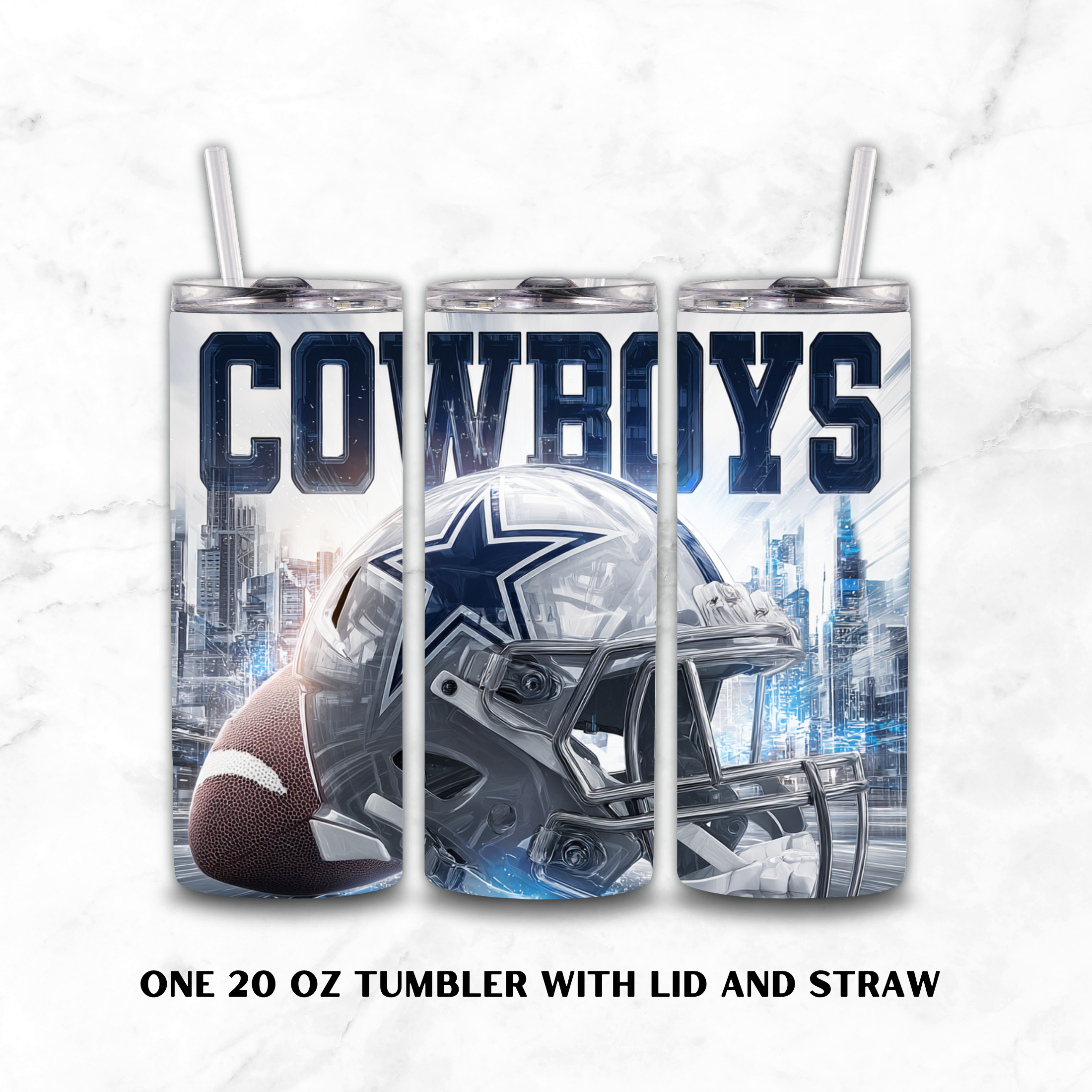 Three Dallas Cowboys 20oz custom tumblers with a white background. 