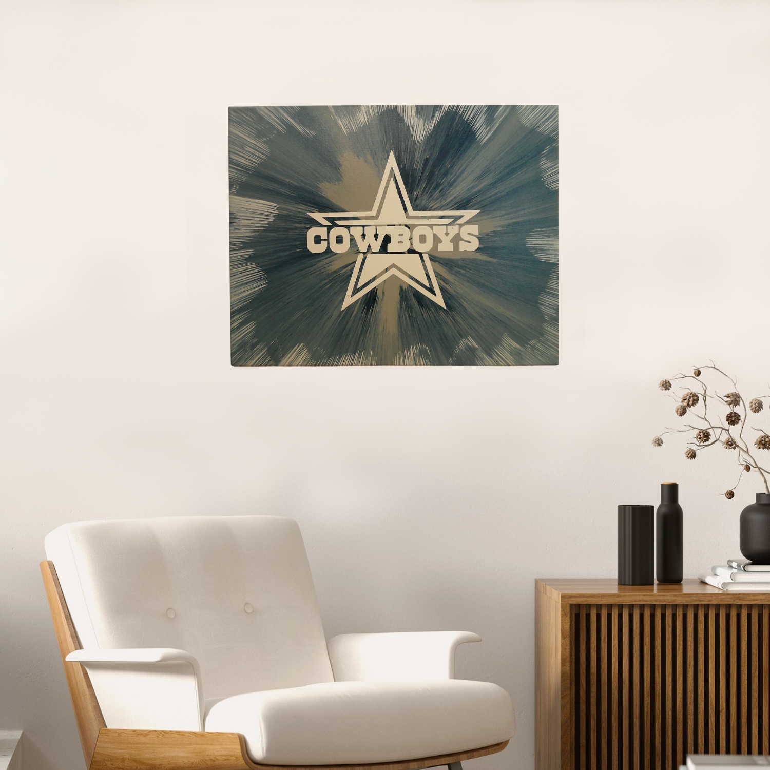 Dallas Cowboys Spin Art on a white wall in a living room setting.
