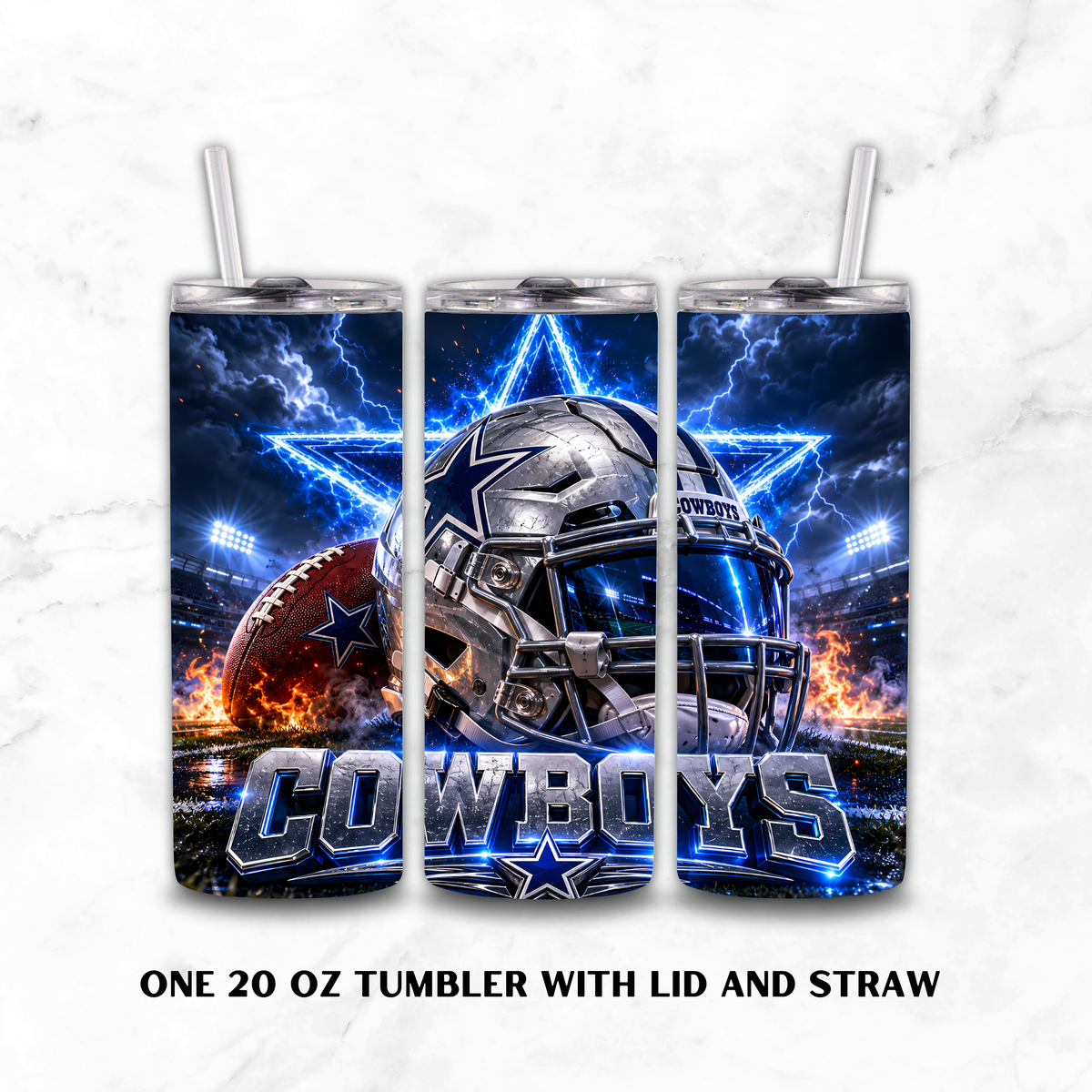 Three Dallas Cowboys 20oz custom tumblers with a white background.