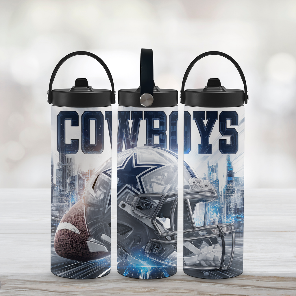 Three Dallas Cowboys 20oz Sports Water Bottles with a white background.