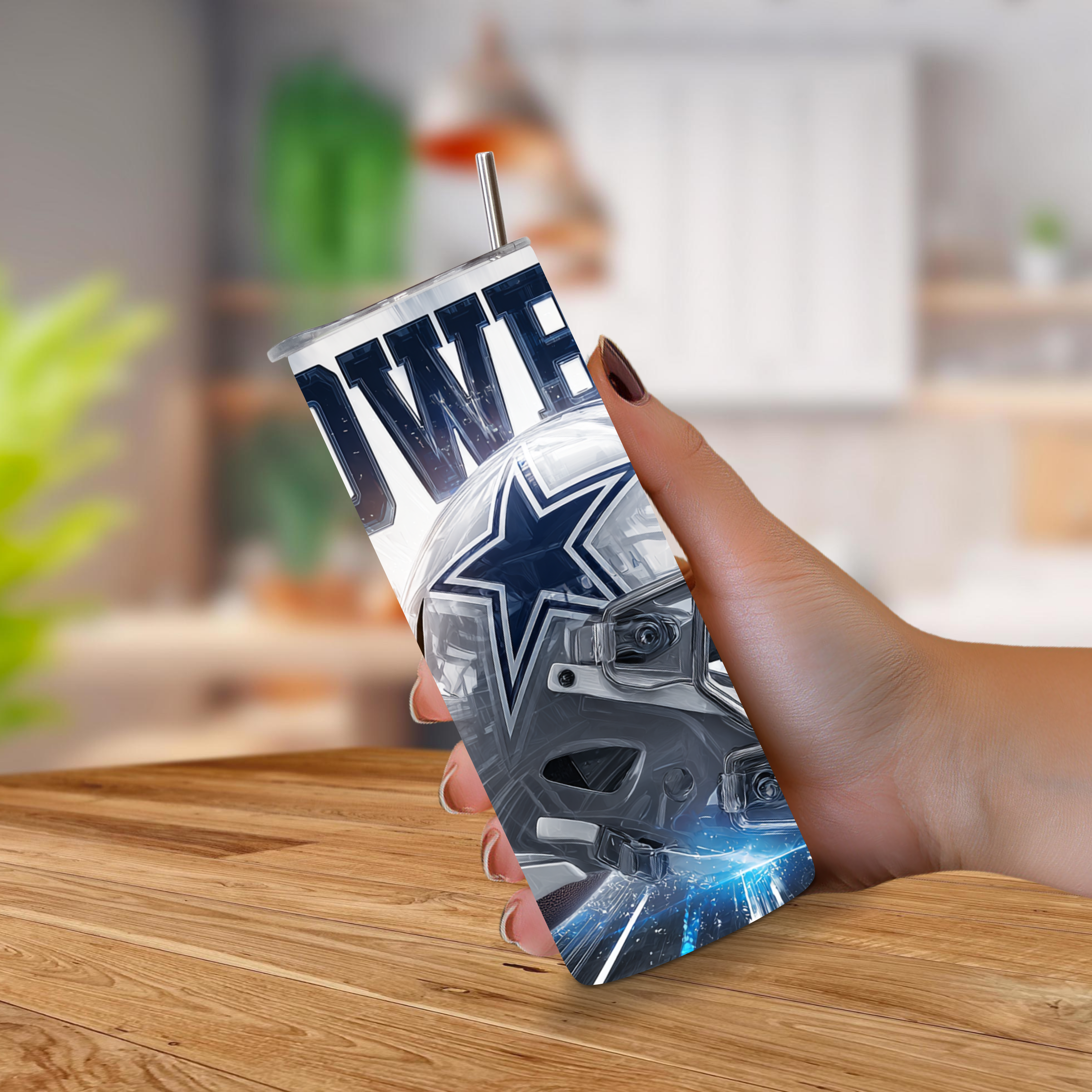 Hand holding a Dallas Cowboys 20oz custom tumbler. 