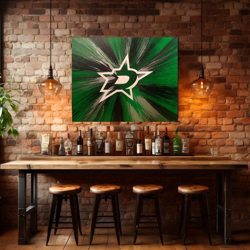 Bar setting with a Dallas Stars Spin Art on a brick wall.