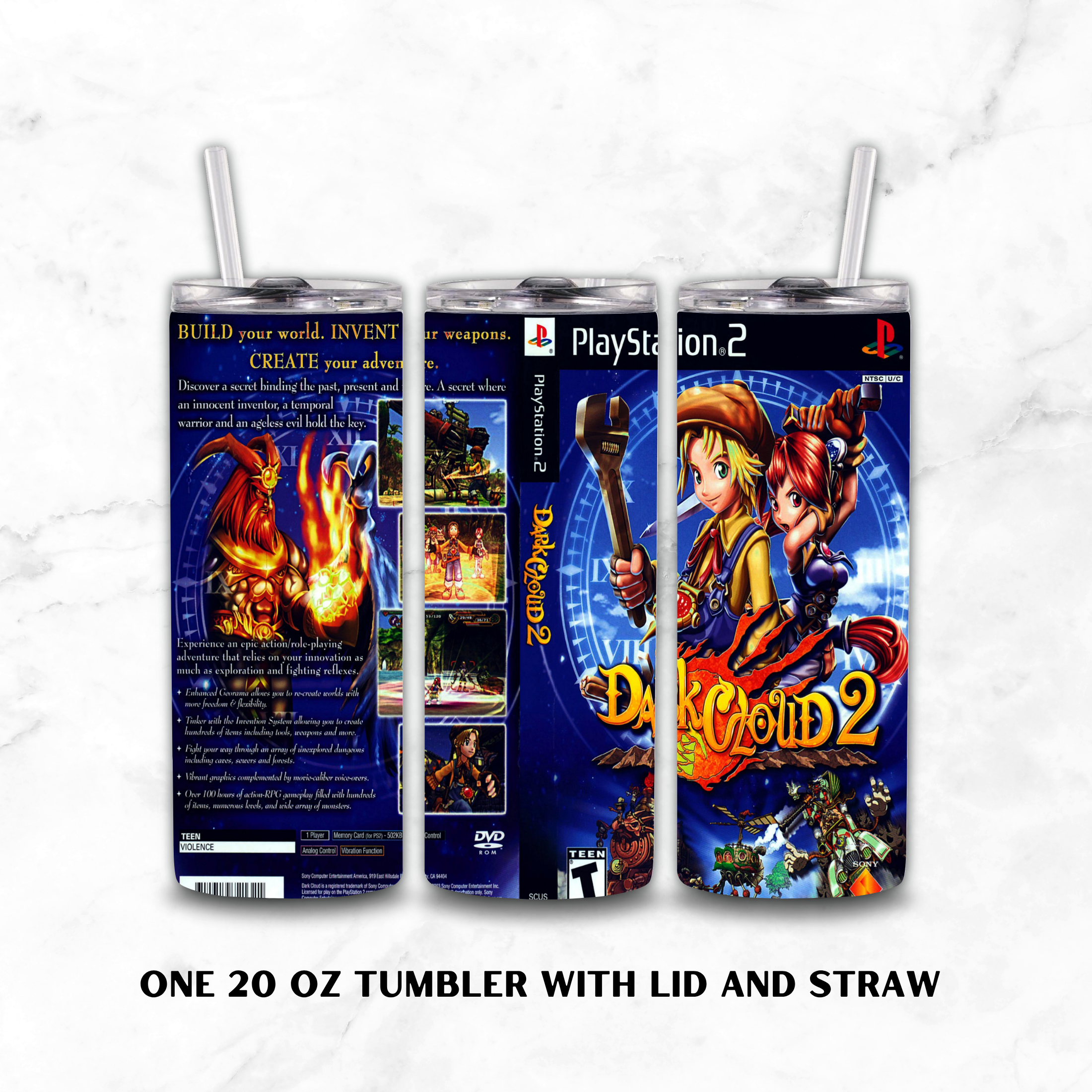 A 20 oz tumbler with lid and straw shown from three angles on a white marble background. The tumbler features a wraparound PlayStation 2 'Dark Cloud 2' video game cover design with blue, orange, and yellow artwork.
