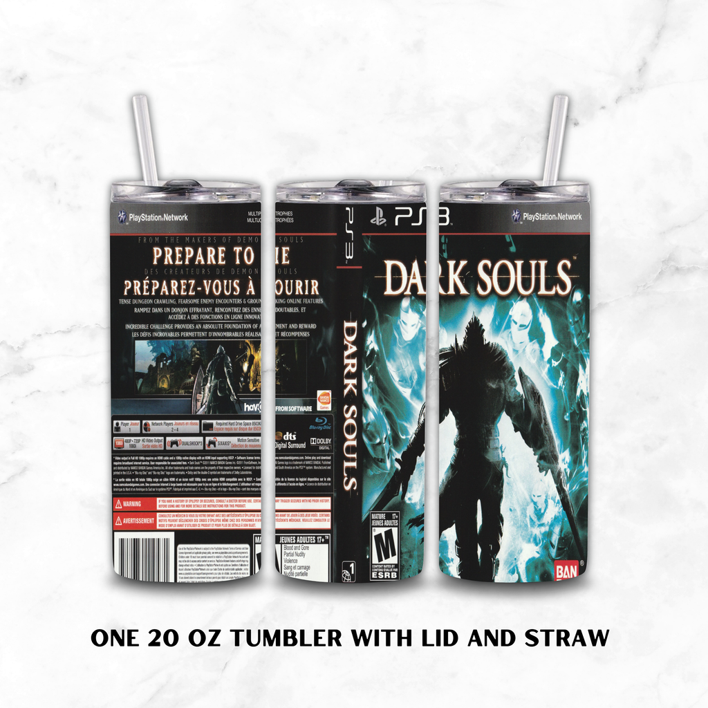 Three views of a 20 oz tumbler with lid and straw, featuring a Dark Souls video game wrap design, shown on a white marble background with text at the bottom.