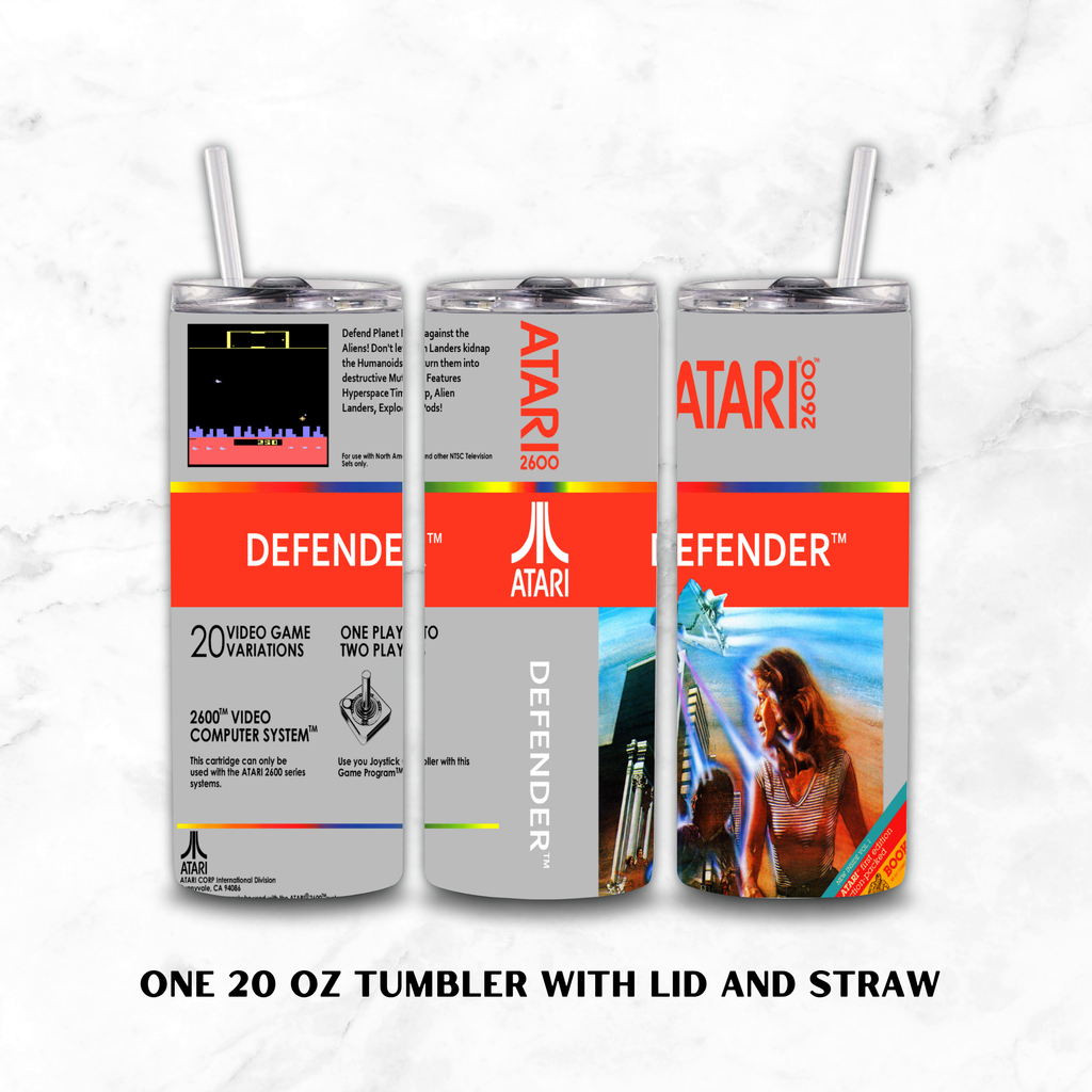 Three viewed 20oz stainless steel tumbler of 'Atari 2600 Defender' on a white background