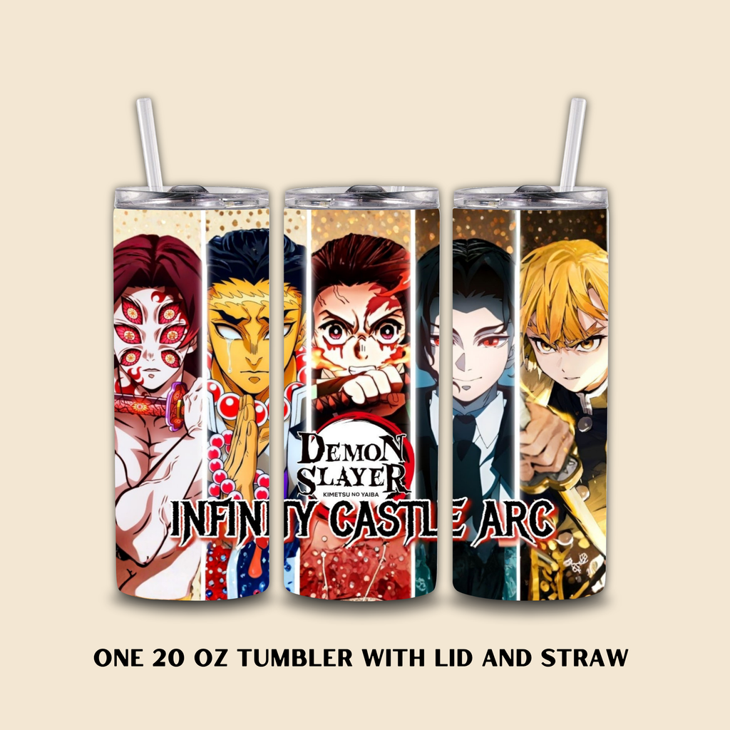 Set of three 20 oz tumblers with 'Demon Slayer' design on a beige background