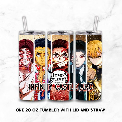 Three 20 oz tumblers with lids and straws, featuring colorful anime character prints from Demon Slayer: Infinity Castle Arc, displayed on a light marble background with text below.