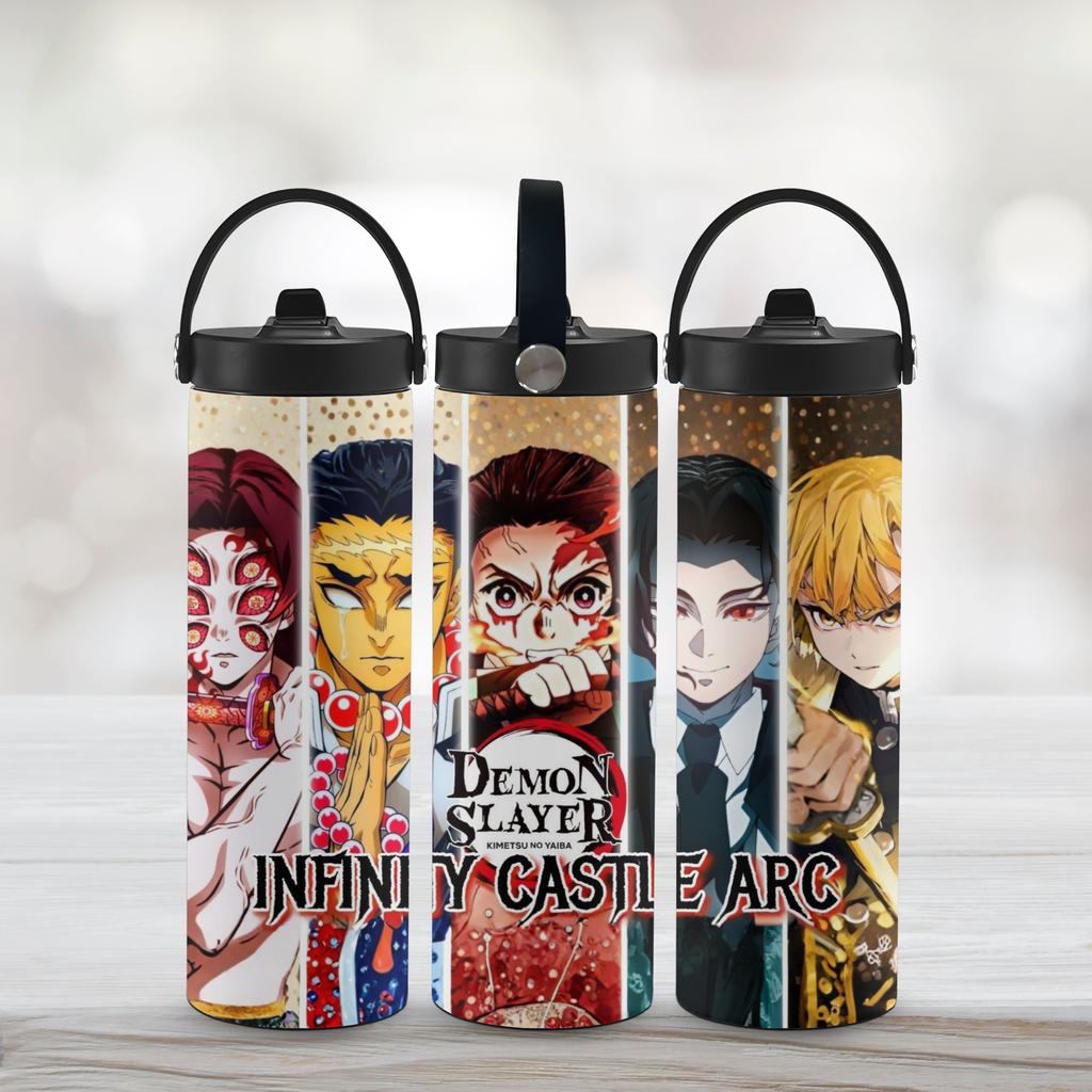Three water bottles with anime character from Demon Slayer designs on a light background