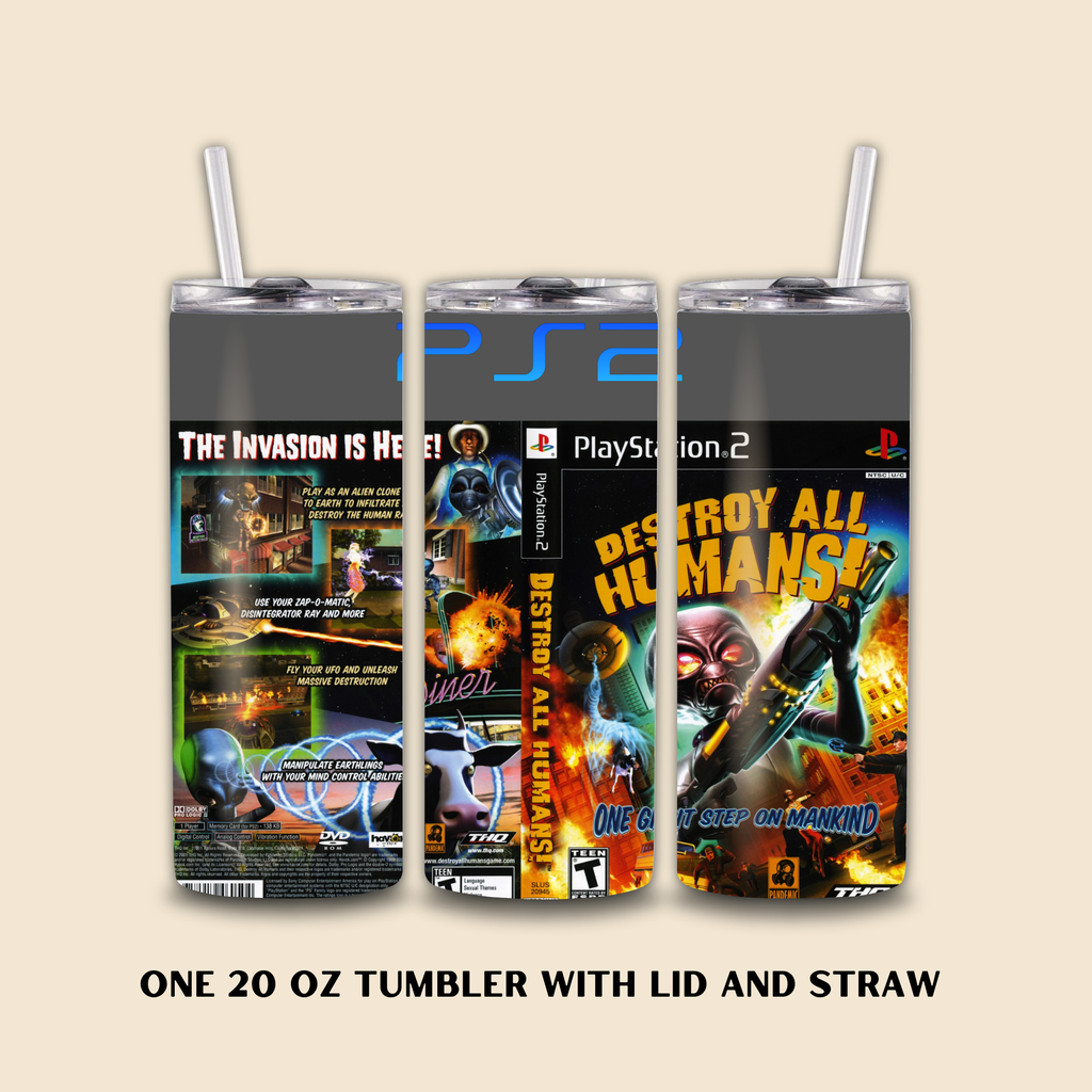 Three 20 oz tumblers with PlayStation 2 Destroy All Humans on a beige background.