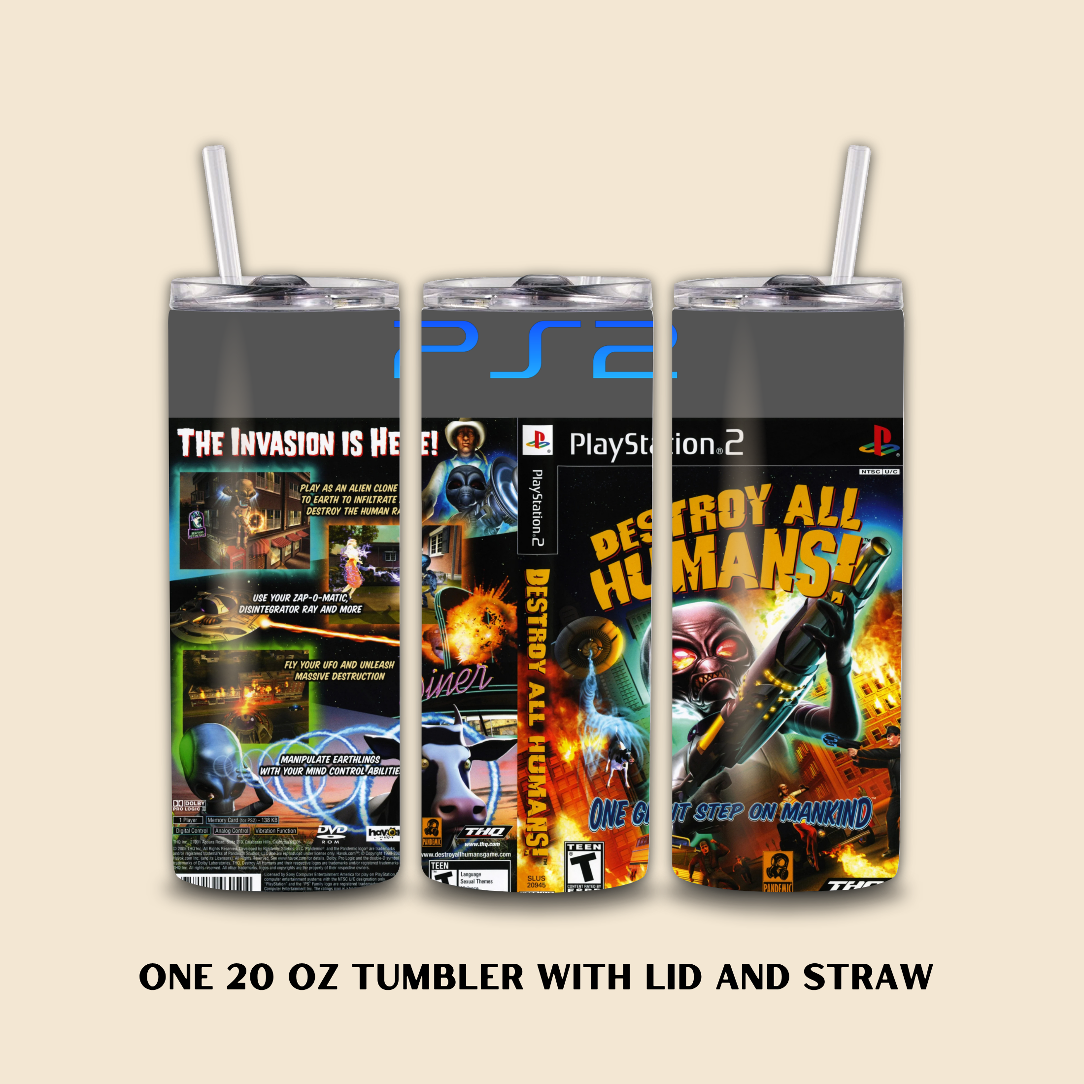 Three 20 oz tumblers with PlayStation 2 Destroy All Humans on a beige background.