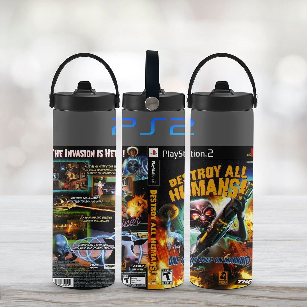 Three sports water bottles with Destroy All Humans covers on a light background