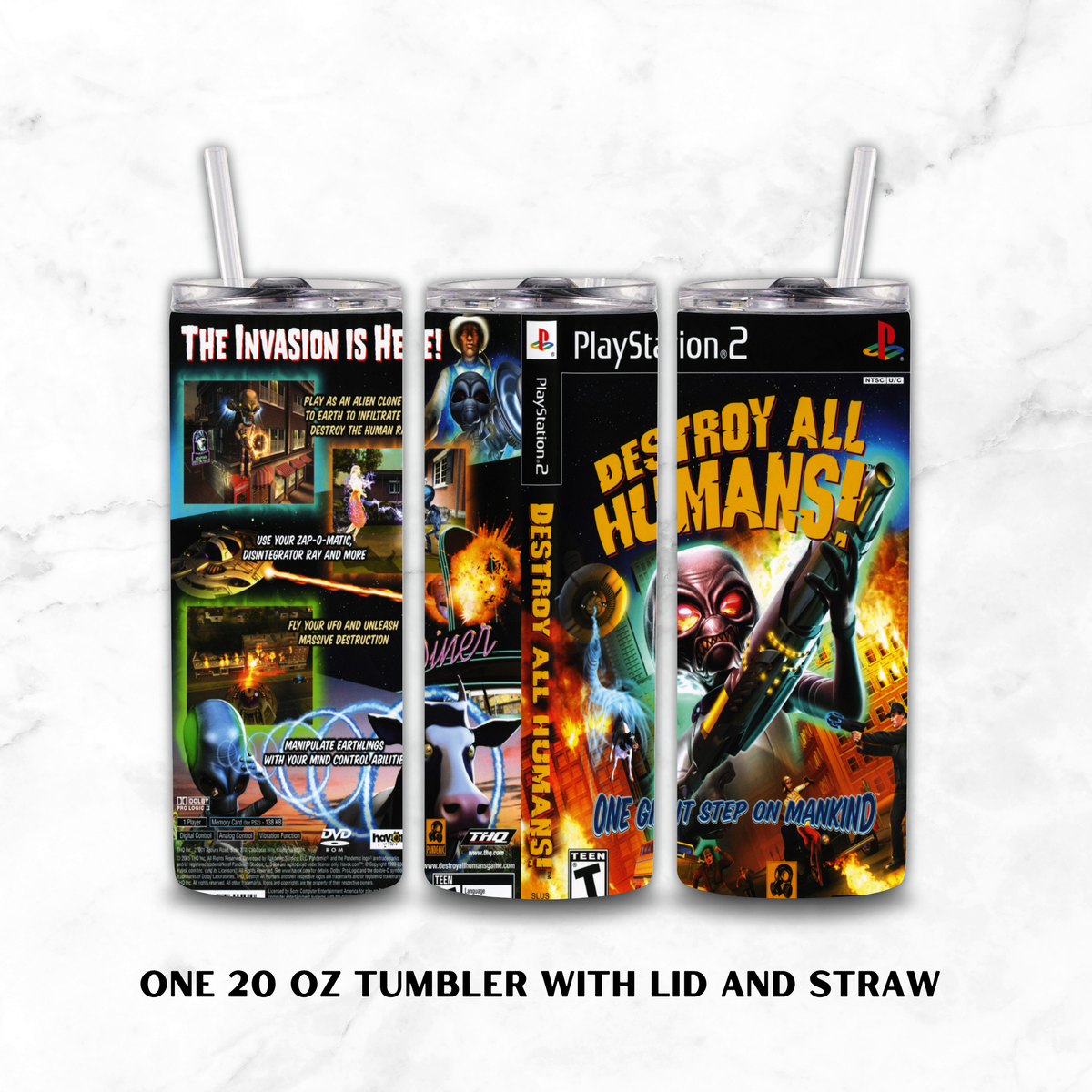 Three views of a 20 oz tumbler with lid and straw, featuring PlayStation 2 themed graphics including 'Destroy All Humans!' against a white marble background.