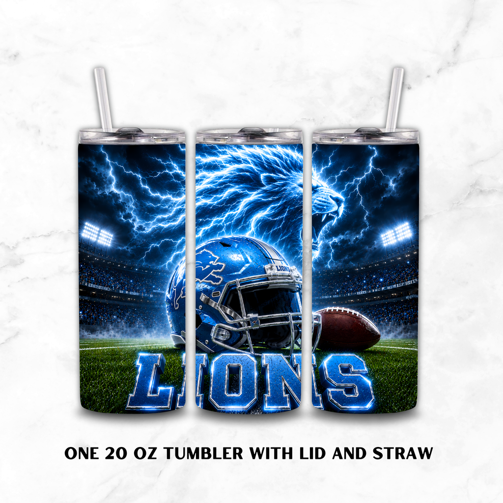 Three views of a 20 oz insulated tumbler with lid and straw, featuring a Detroit Lions themed graphic with a football helmet, lightning, stadium lights, and the word 'LIONS' on a white marble background.