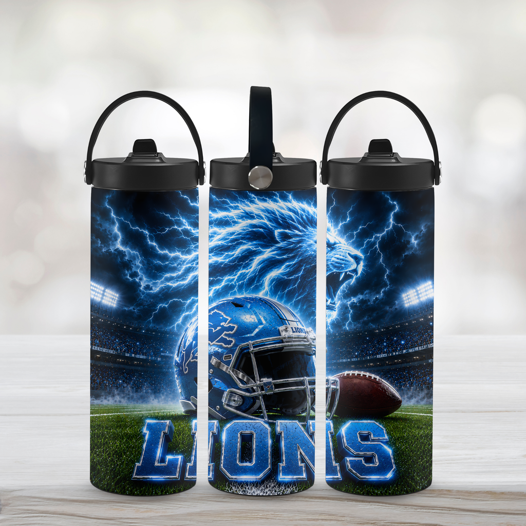 Three views of a 20oz water bottle with a black lid and handle, featuring a blue football helmet, lightning, stadium lights, grass, and the word 'LIONS' on a light gray blurred background.