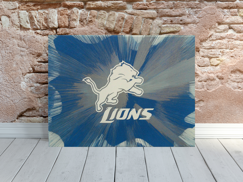 Detroit Lions spin art logo canvas wall art on a blue and gray background against a brick wall.