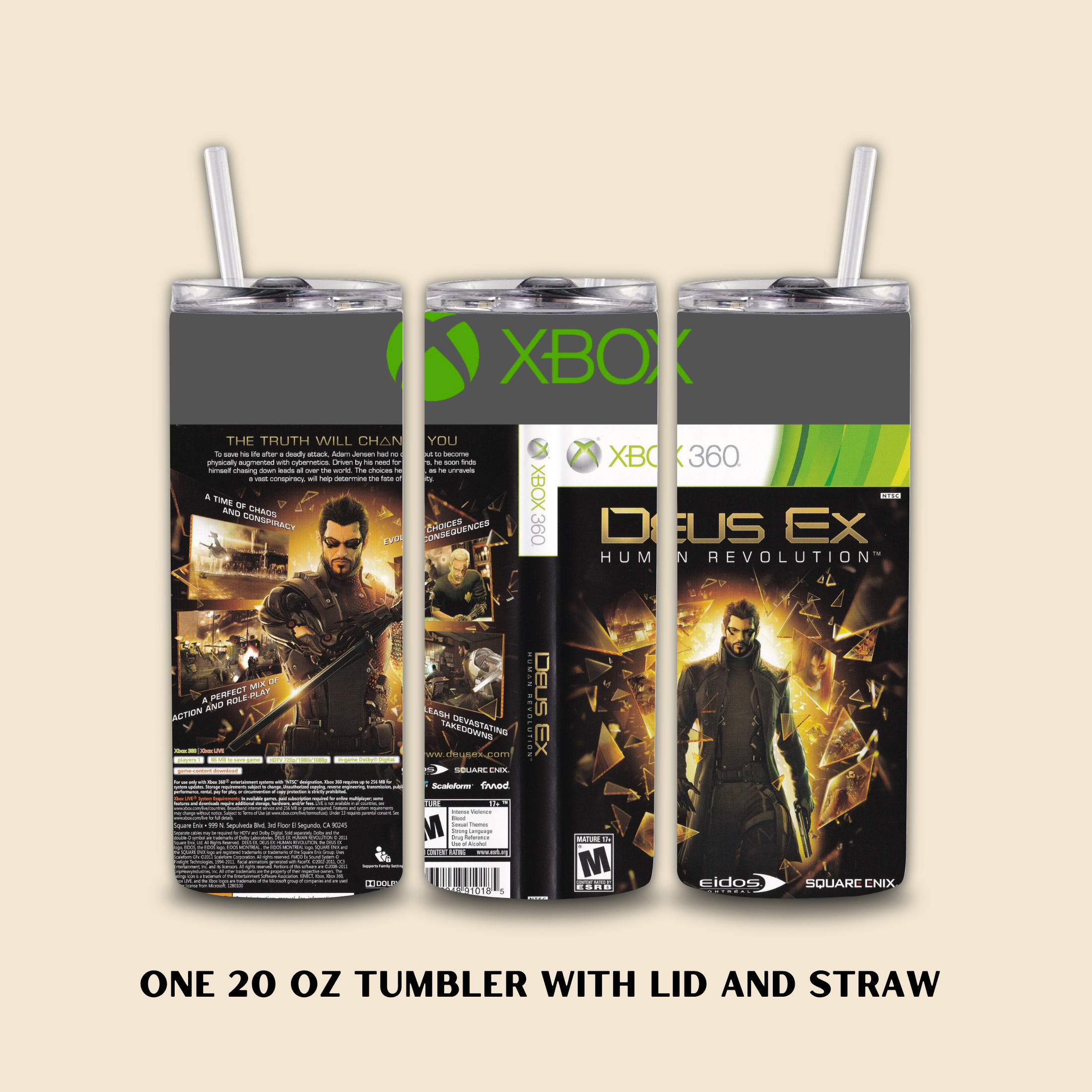 Tumbler with lid and straw featuring Xbox and Deus Ex branding on a beige background