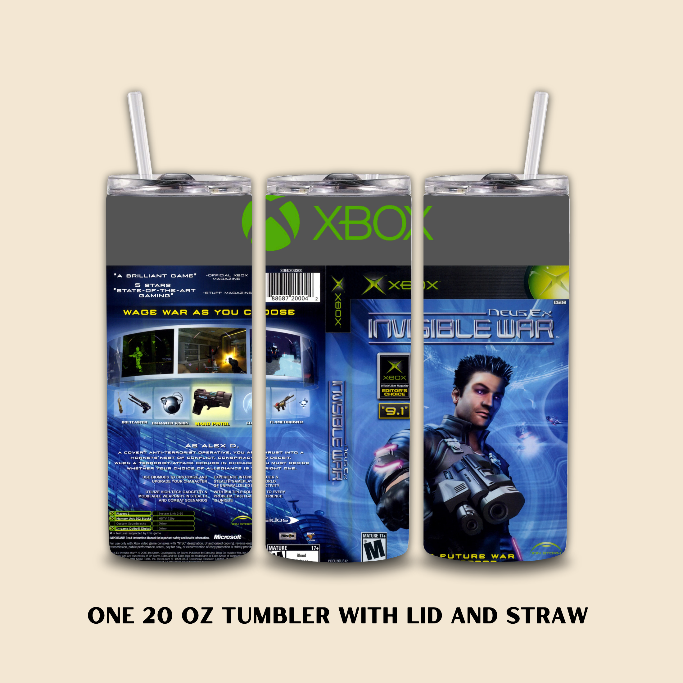 20oz Tumbler with Deus Ex Invisible War design on a beige background