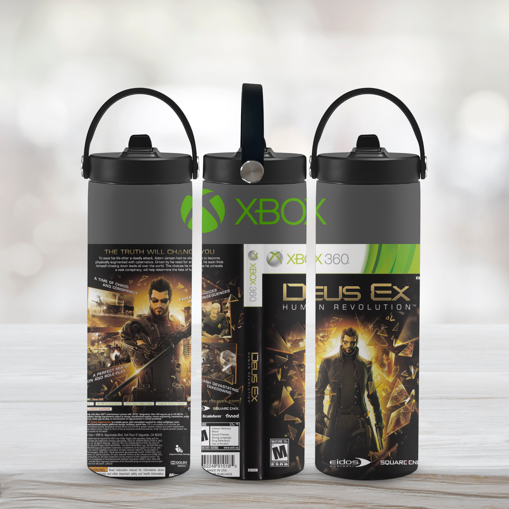 Three water bottles with 'Xbox' branding and 'Deus Ex: Human Revolution' graphics on a light background.