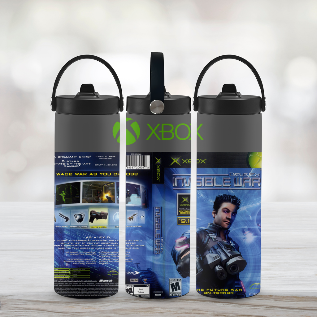 Three sports water bottles with Deus Ex Invisible War design on a light wooden surface.