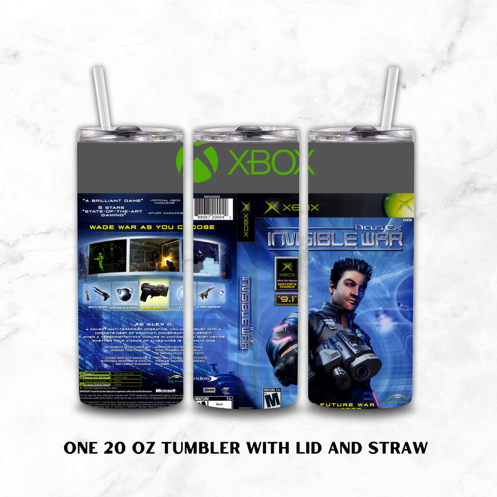 Three views of a 20 oz tumbler with lid and straw, featuring a custom Xbox Live Deus EX Invisible War design. The wrap design displays blue and black graphics with the Xbox logo and characters from the video game, shown against a white marble background.