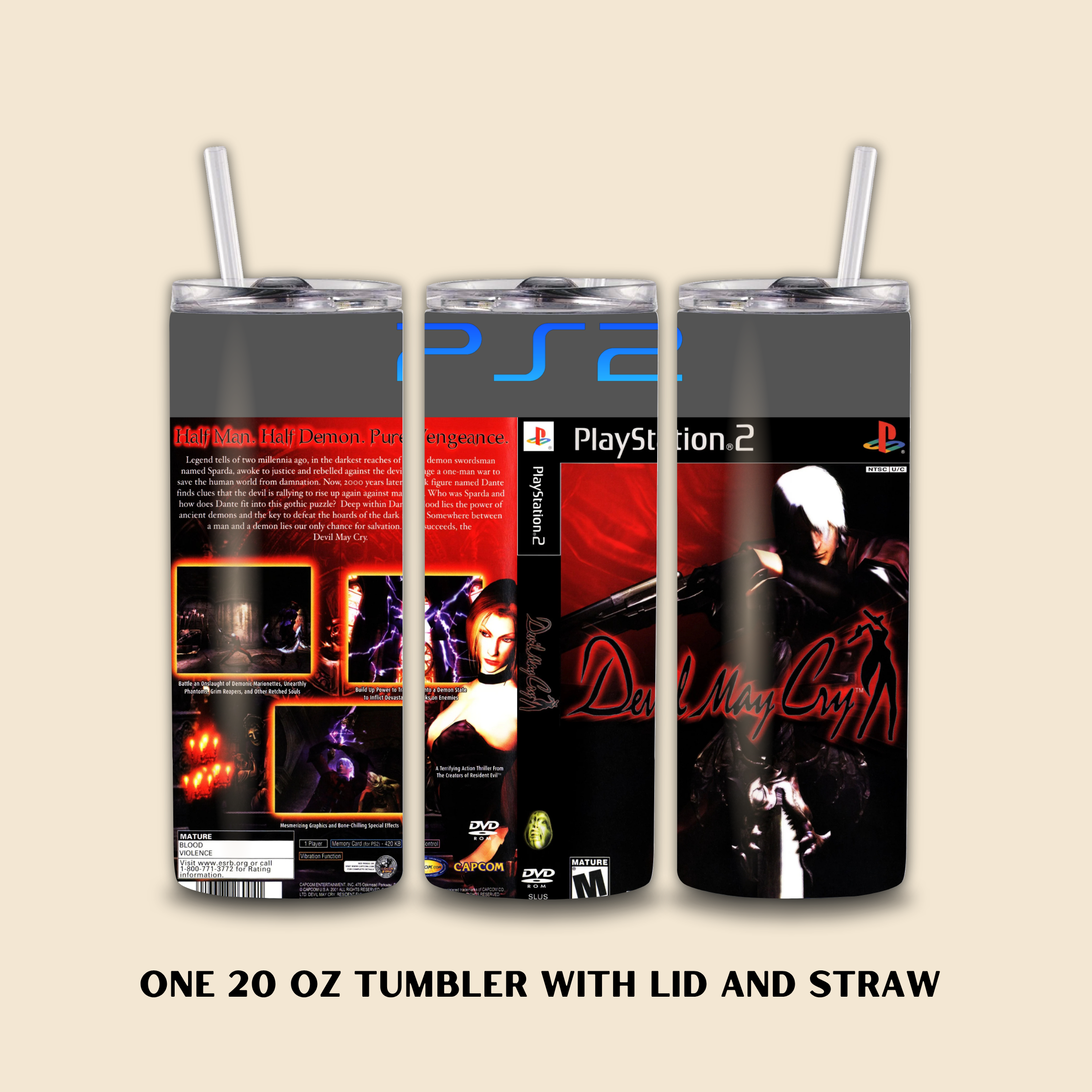 Three 20 oz tumblers with PlayStation 2-themed Devil May Cry designs on a beige background.
