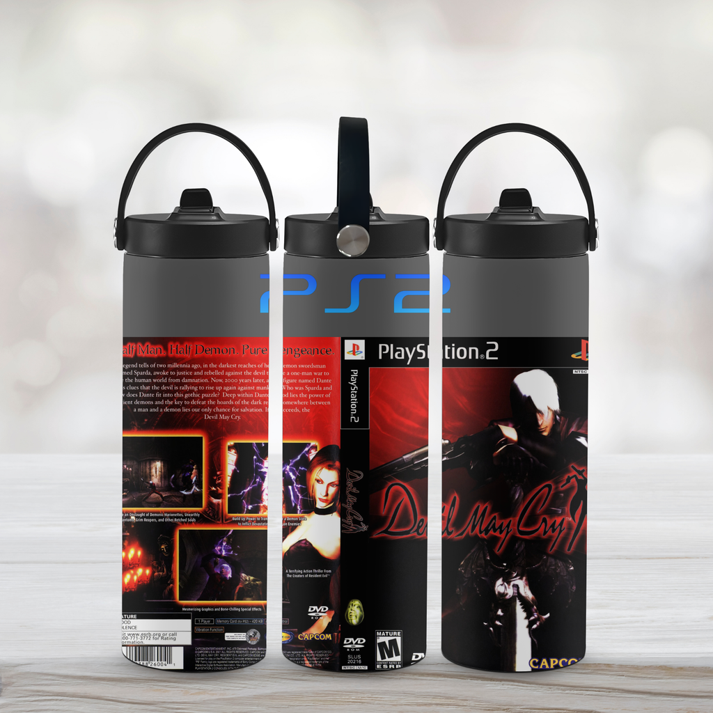 Three water bottles with 'PlayStation 2' branding and Devil May Cry graphics on a light wooden surface.