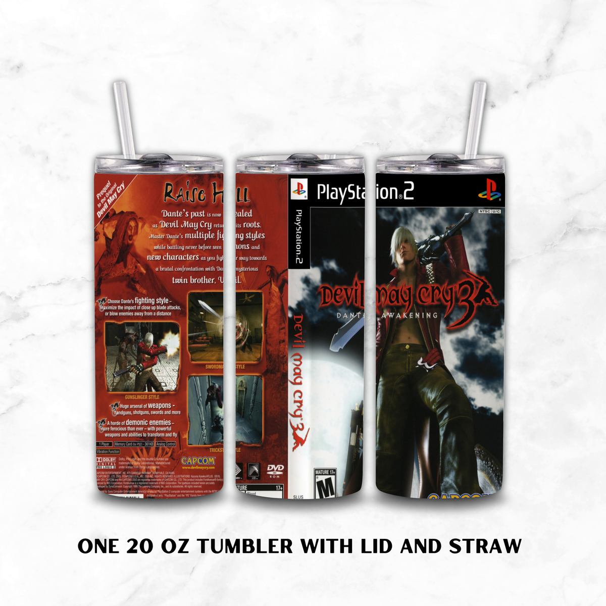 Three views of a 20 oz stainless steel tumbler with lid and straw, printed with Devil May Cry 3 artwork on a white marble background. The left view shows the back design, the center shows the front cover art, and the right shows the character art panel.