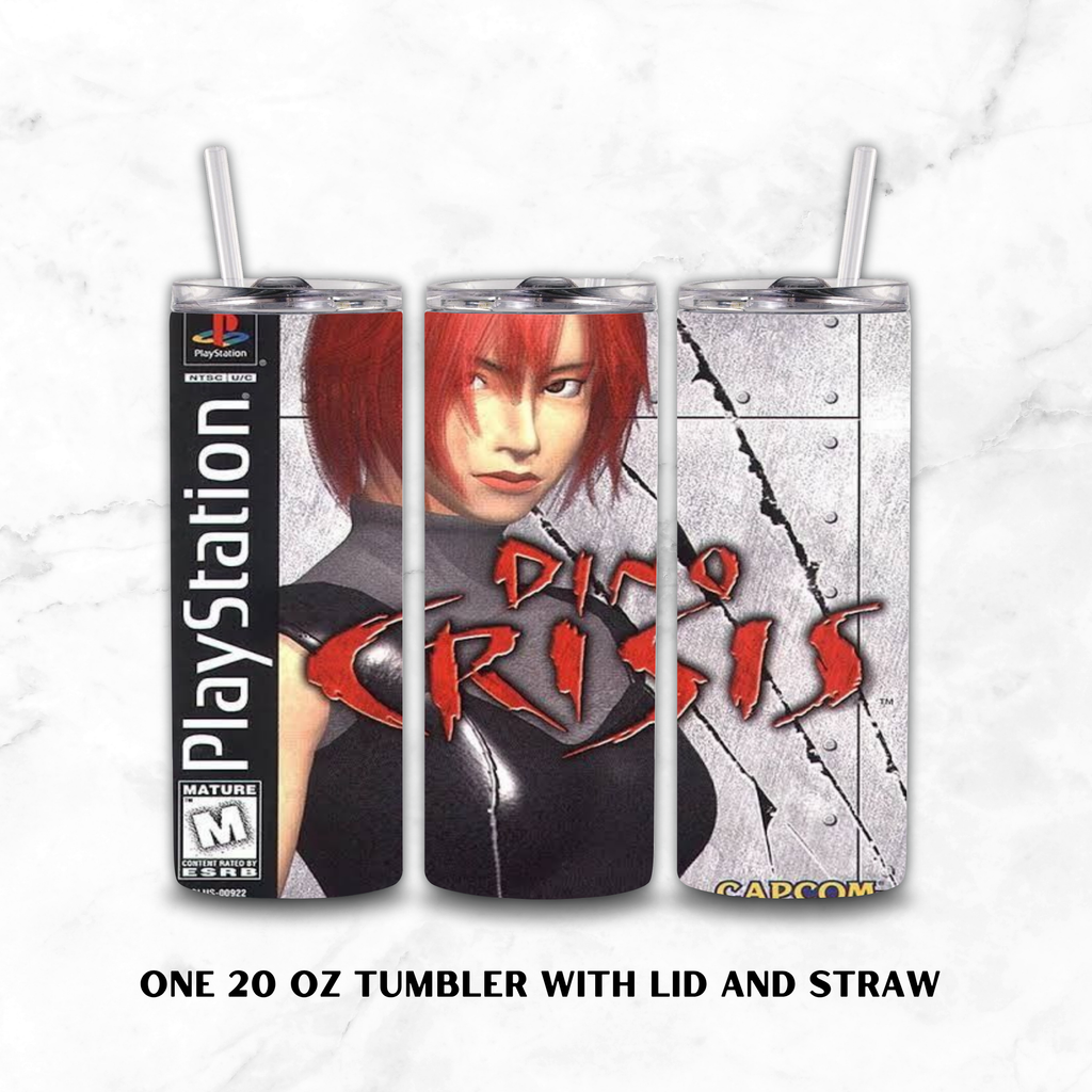A 20 oz tumbler with lid and straw shown from three angles on a white marble background. The wrap design features PlayStation branding, a character portrait with red hair, large red 'Dino Crisis' lettering, and a cracked metallic gray graphic.